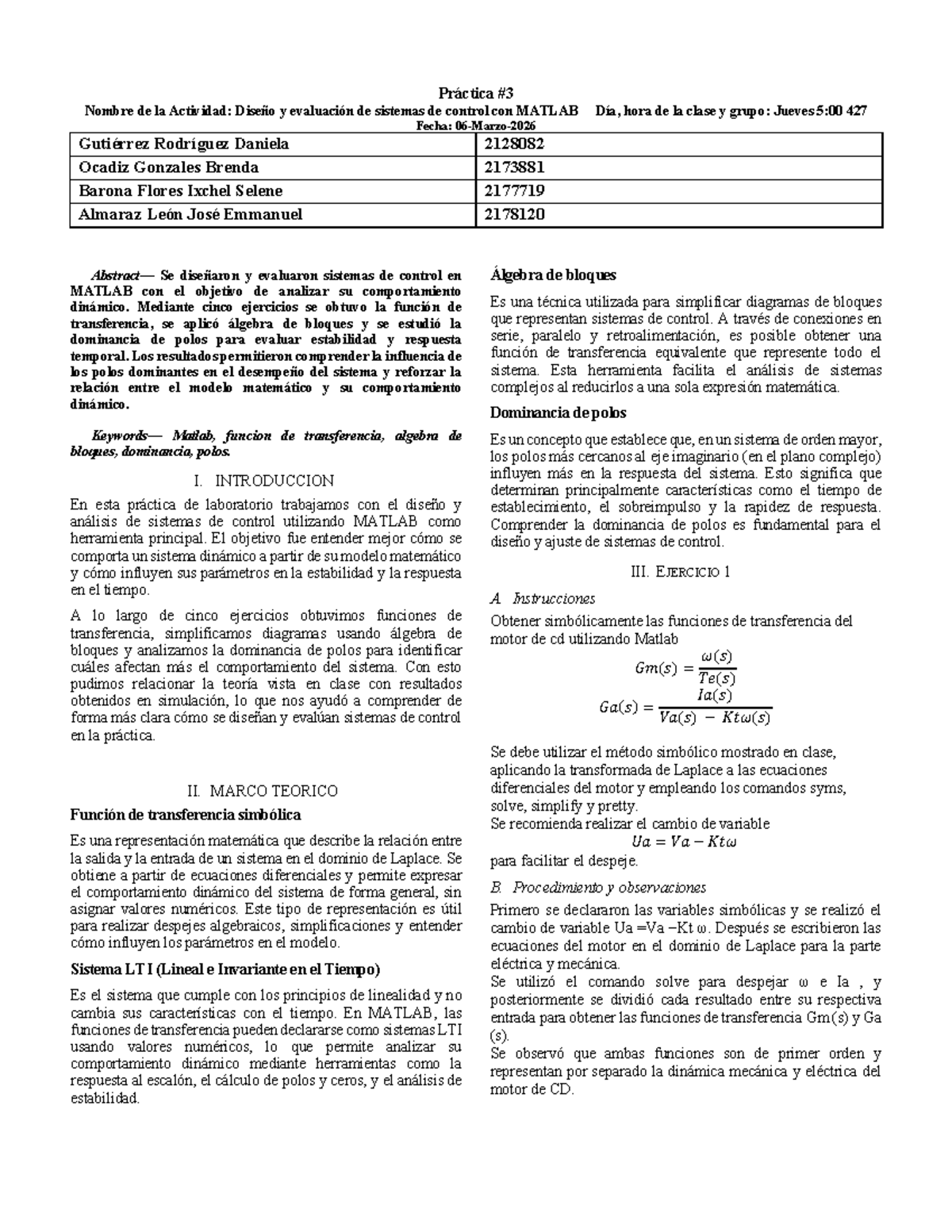 AF 3 Diseño y Evaluación de Sistemas de Control en MATLAB - Studocu
