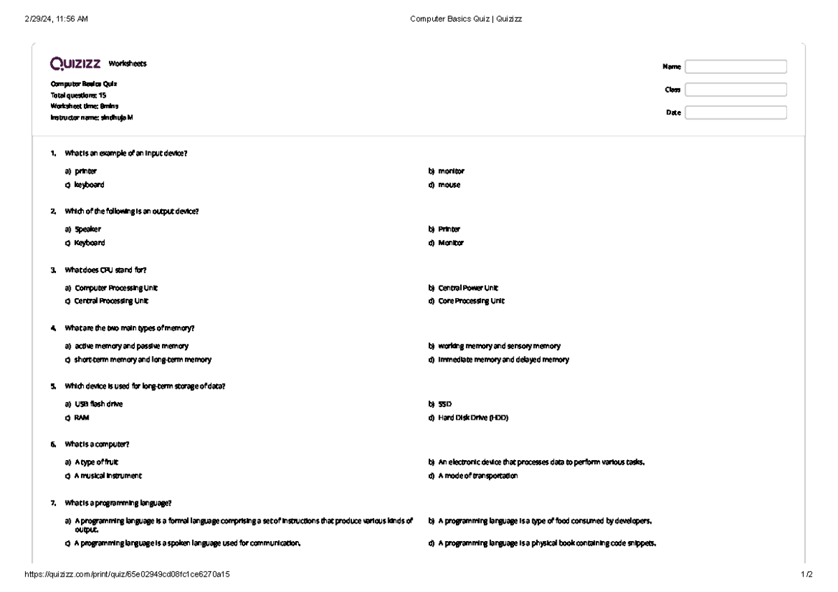 Computer Basics Quiz Quizizz - 2/29/24, 11:56 AM Computer Basics Quiz ...