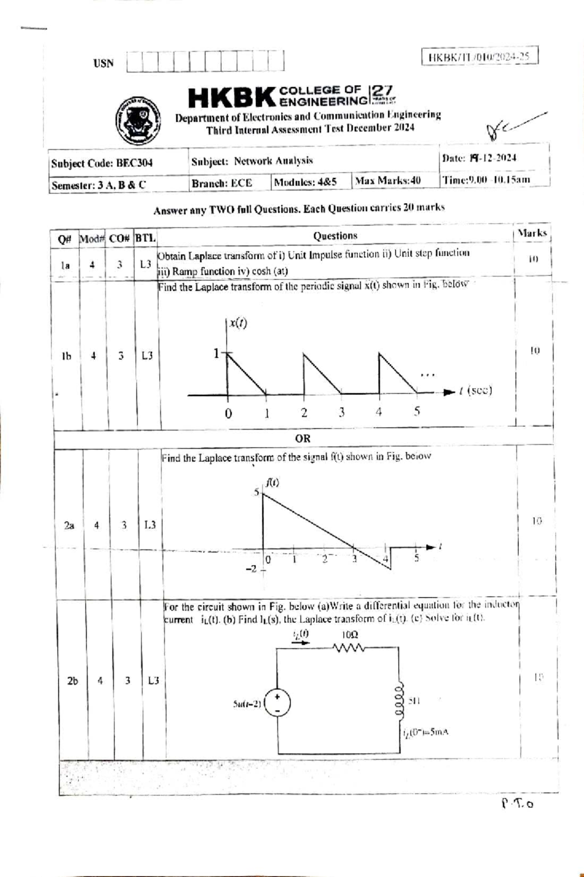 BEC304 Network Analysis 3rd Internal Assessment Test Solutions - Studocu