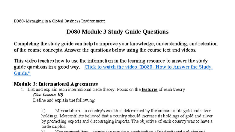 Managing in a Global Business Environment D080 Module 3 Study Guide ...