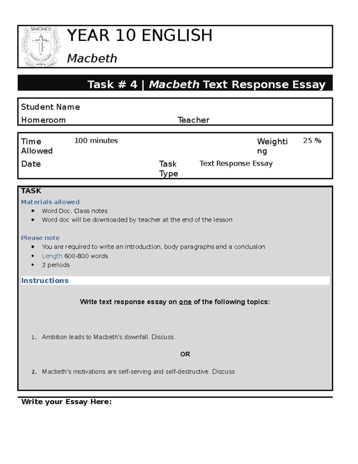 Macbeth Text Response Essay Assessment Year 10 English 2021 - Studocu
