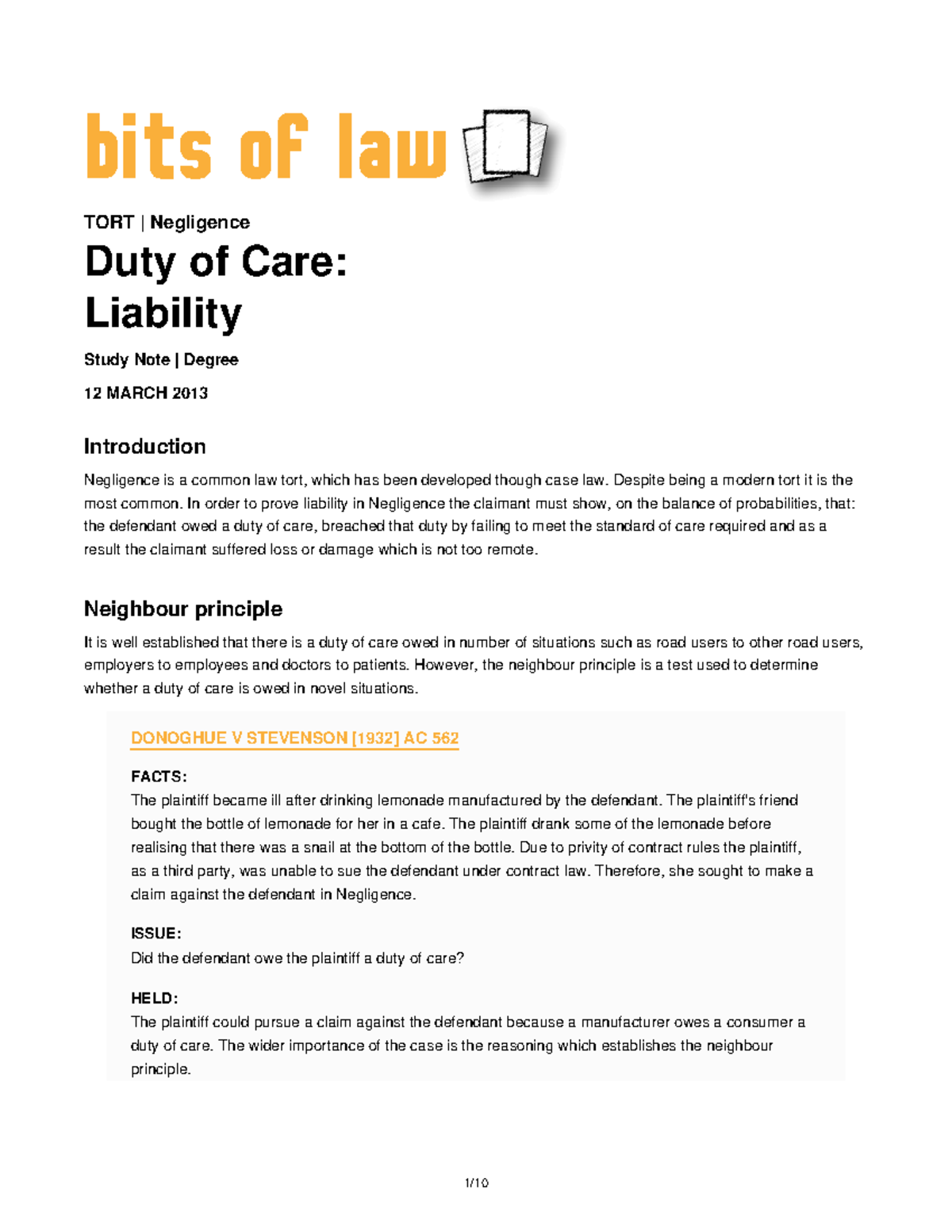 TORT Negligence: Duty of Care & Liability Study Notes (Degree 12) - Studocu