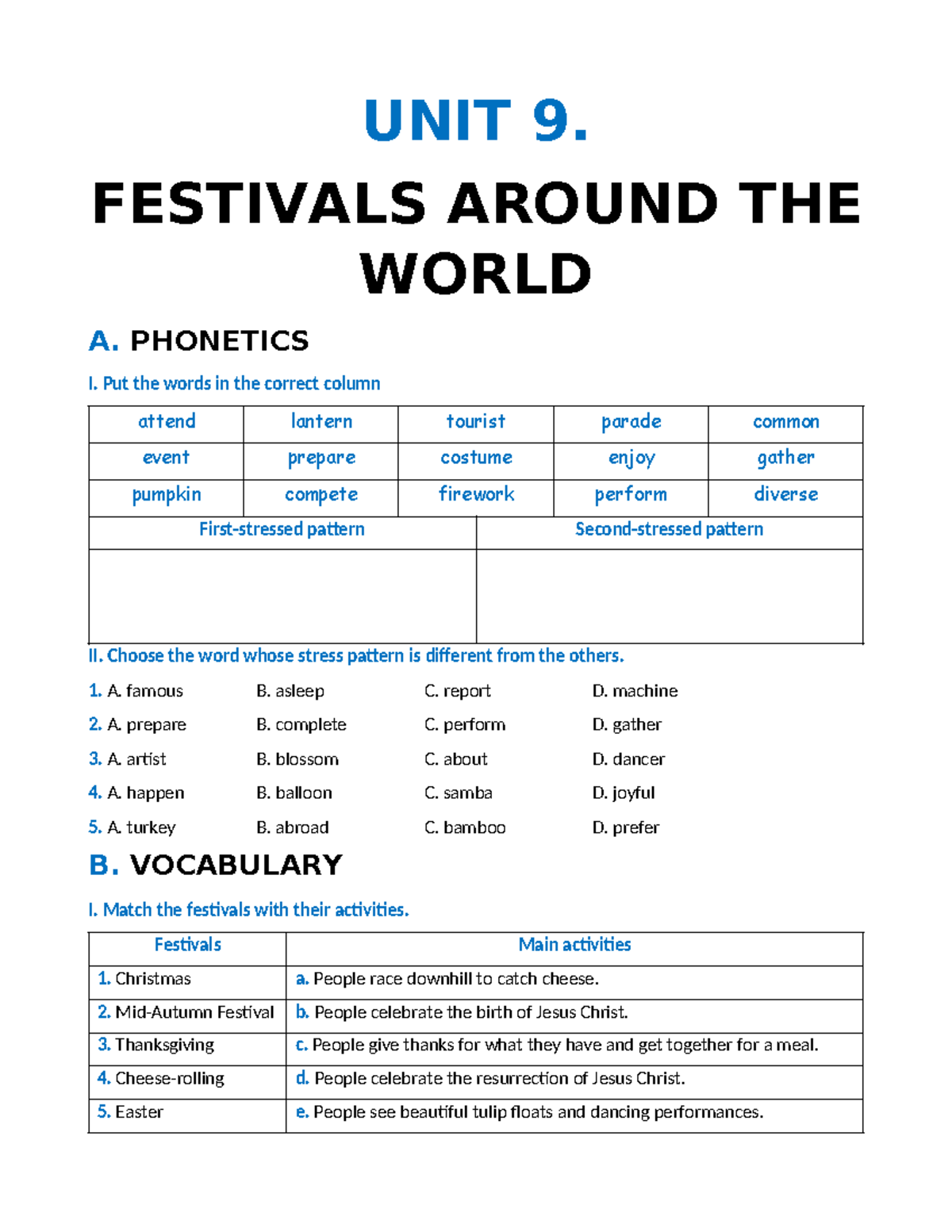 UNIT 9: Festivals Around the World - Phonetics and Vocabulary Guide ...