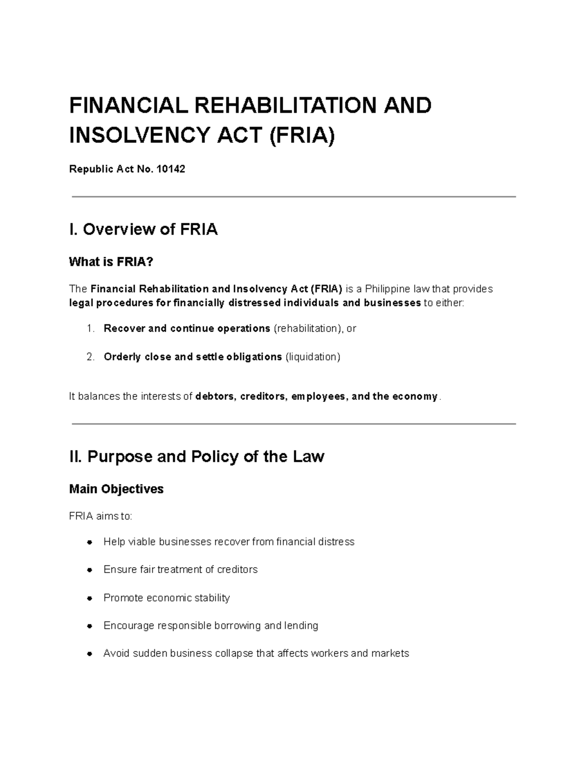 FRIA Overview: Financial Rehabilitation and Insolvency Act (RA 10142 ...