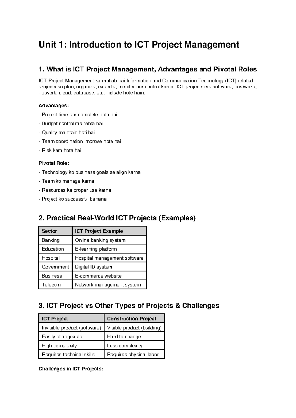 Unit 1: Intro to ICT Project Management - Key Concepts & Examples - Studocu