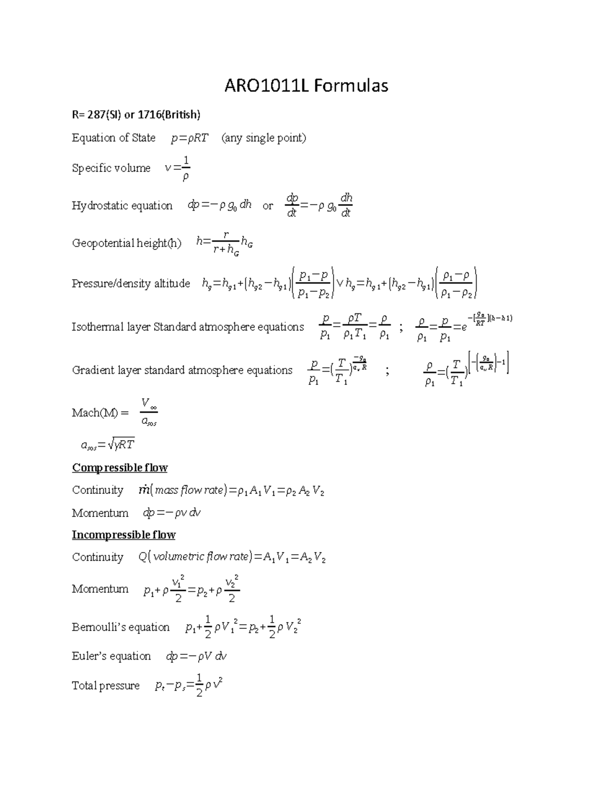 ARO1011L: Comprehensive Formulas and Concepts for Compressible Flow ...