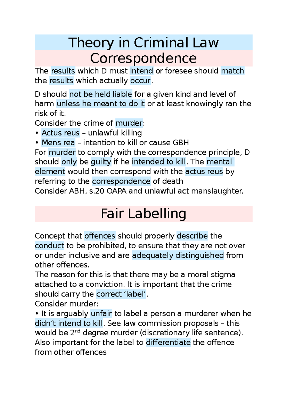 Criminal Law Theory (CL 101) - Key Concepts and Principles Notes - Studocu
