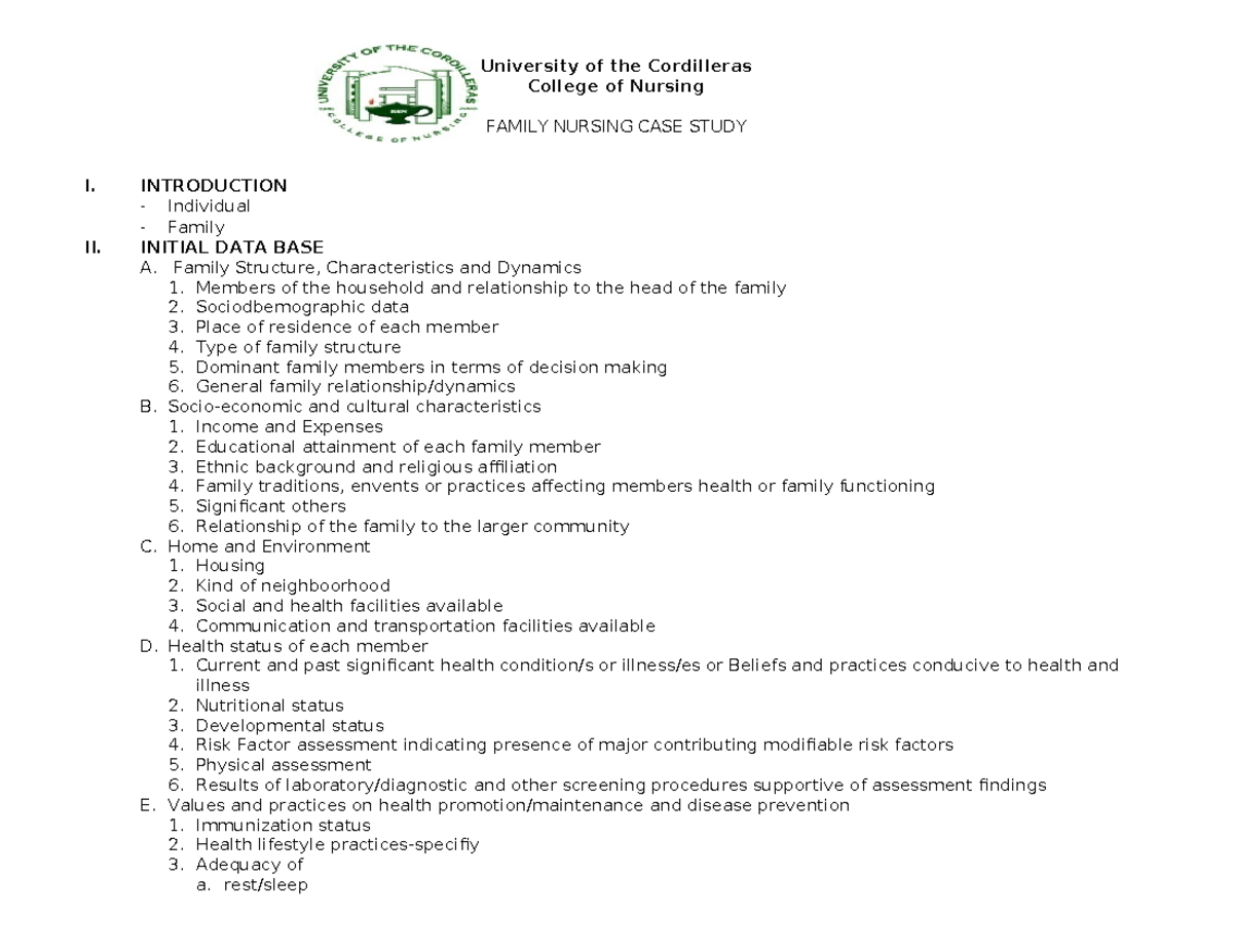 Family Nursing Case Study: Analysis & Intervention (CHN 101) - Studocu