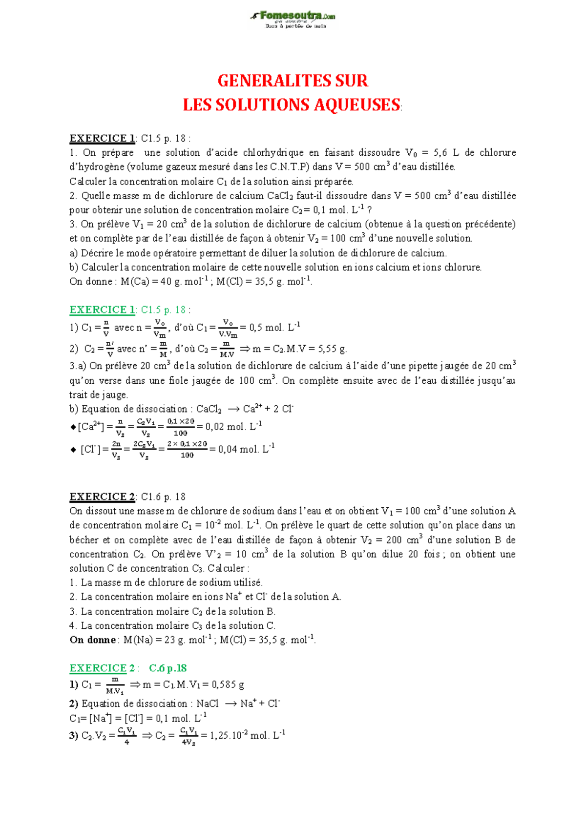 Exercices de Chimie: Solutions Aqueuses & Concentration Molaire (C1 C2 ...