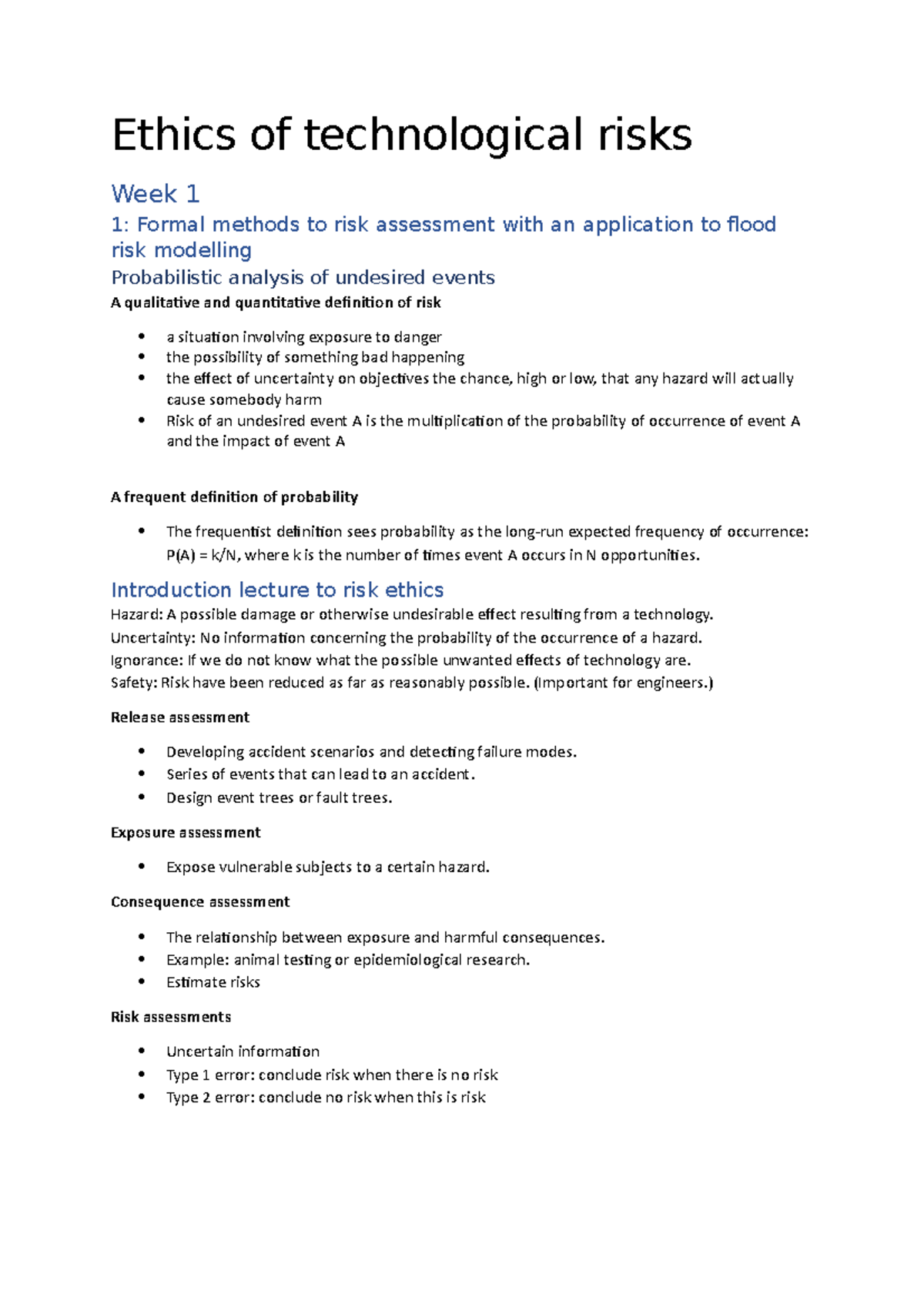 Ethics of Technological Risks: Key Concepts and Insights (Weeks 1-5 ...
