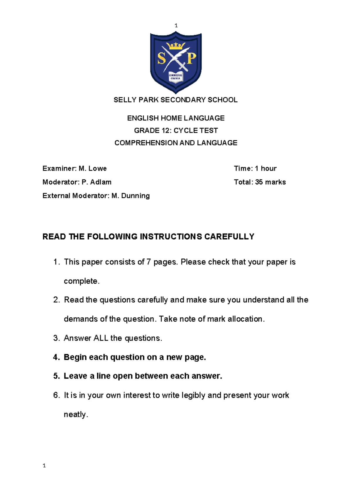 Grade 12 English HL Term 1 Cycle Test: Comprehension & Language QP ...