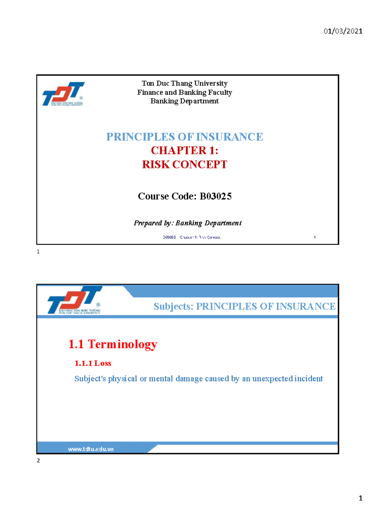 B03025 Principles of Insurance: Chapter 1 - Risk Concept - Studocu