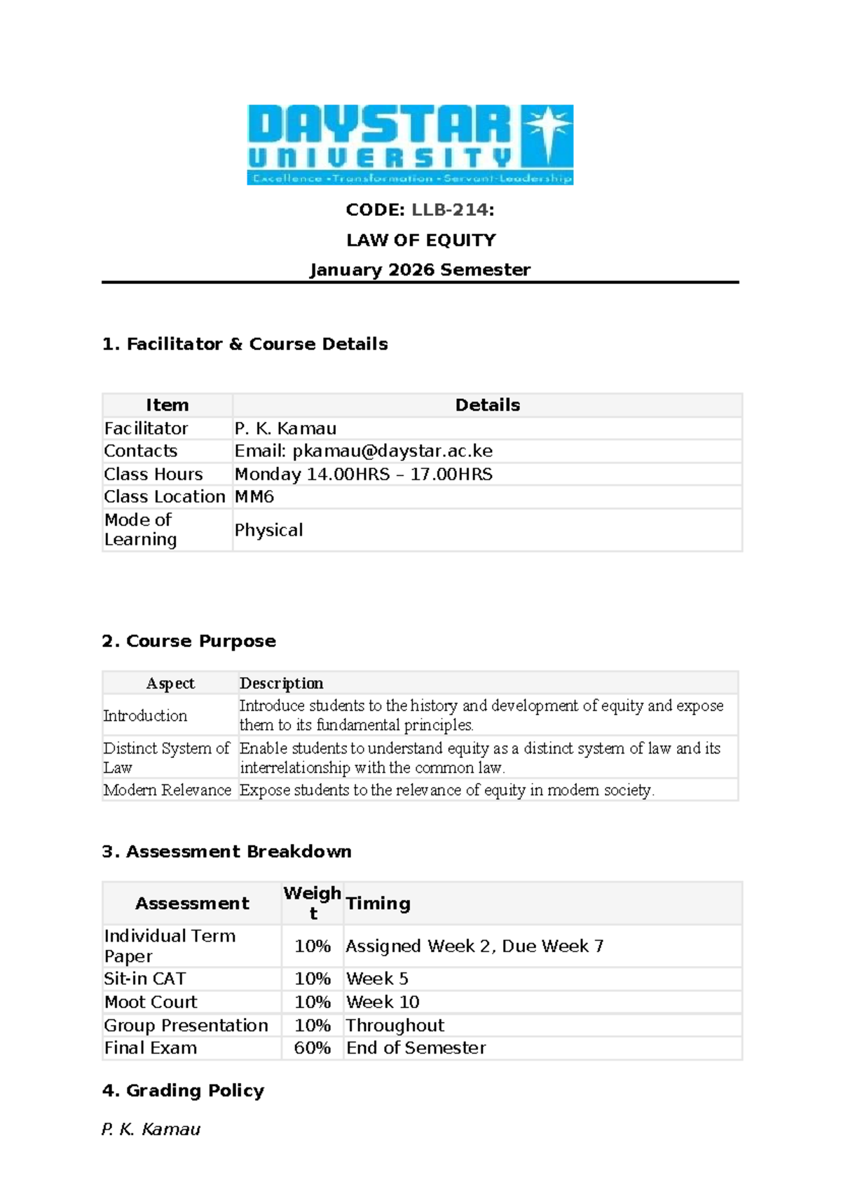 LAW OF EQUITY CODE: Course Outline for January 2026 Semester 1 - Studocu
