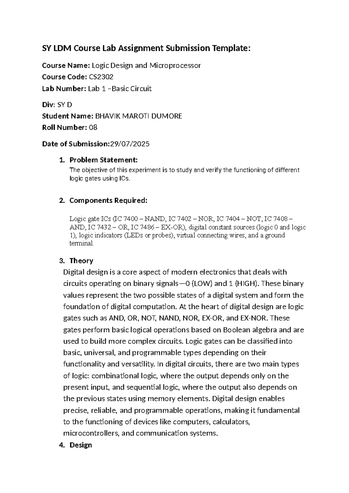 CS2302 LDM Lab Assignment 1: Logic Gates Functionality Study - Studocu