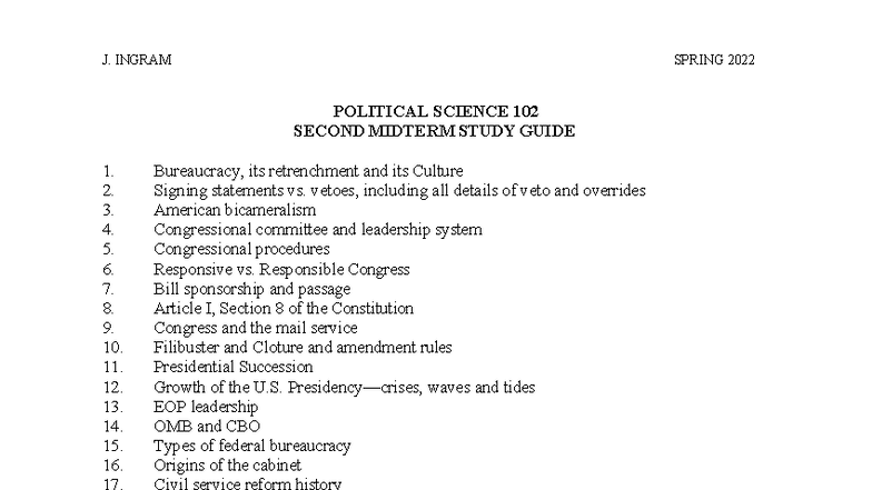 POLITICAL SCIENCE 102 SPRING 2022 SECOND MIDTERM STUDY GUIDE - Studocu