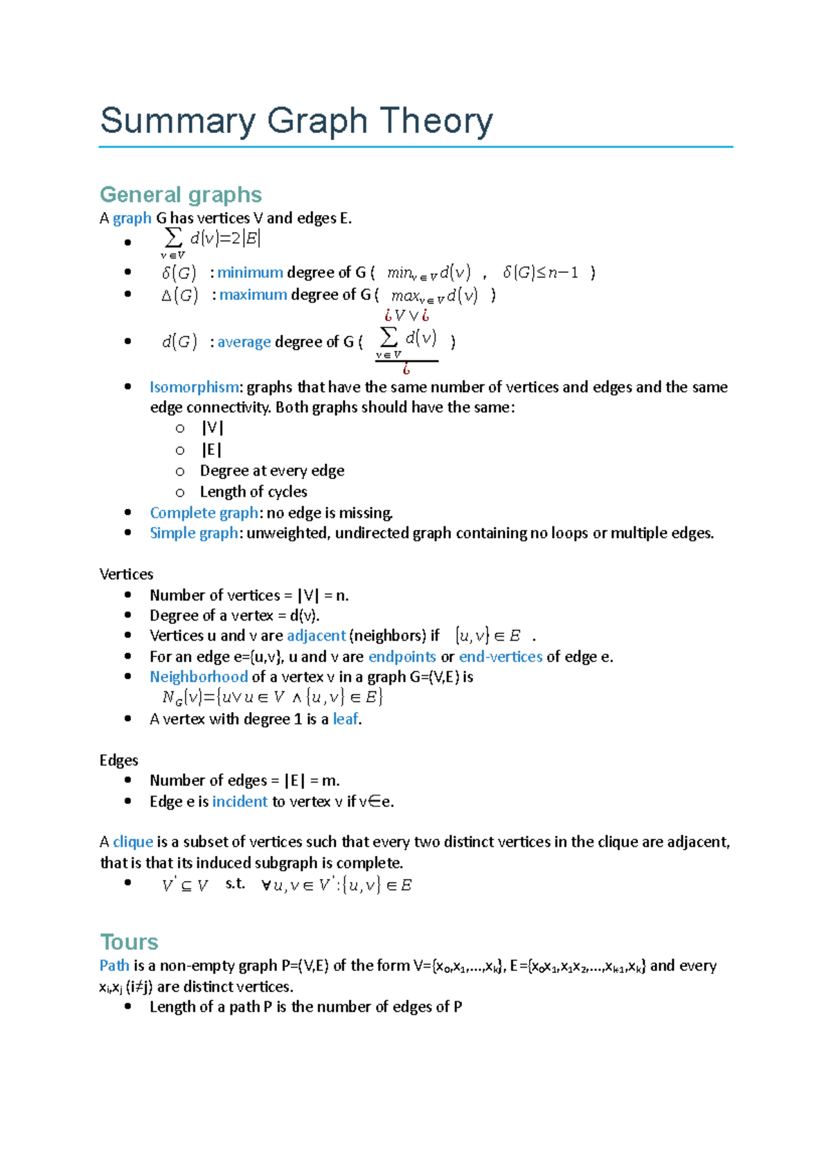 Summary of Graph Theory Concepts and Definitions (Course Code: Math101 ...