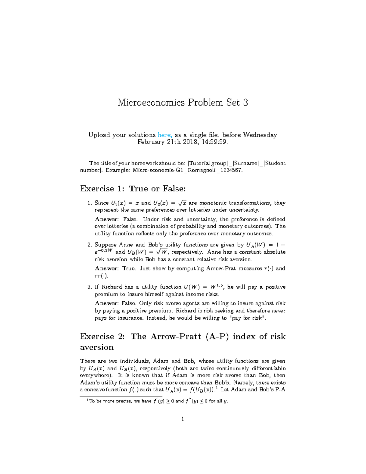 Microeconomics Problem Set 3 Solutions and Analysis - Studeersnel
