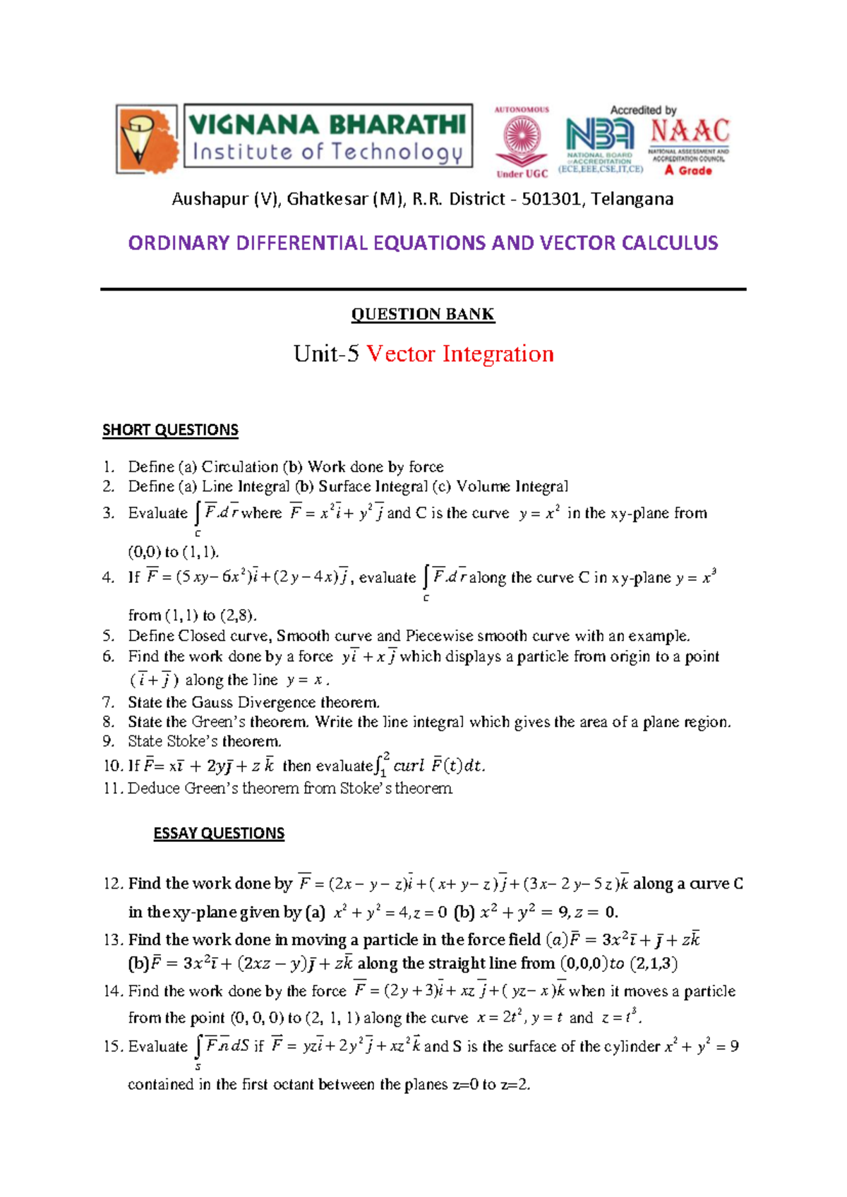 Differential Equations & Vector Calculus Question Bank - EDC - Studocu