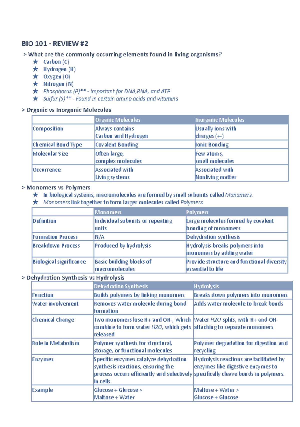 BIO 101 - Review #2: Elements, Molecules, and Macromolecules in Life ...