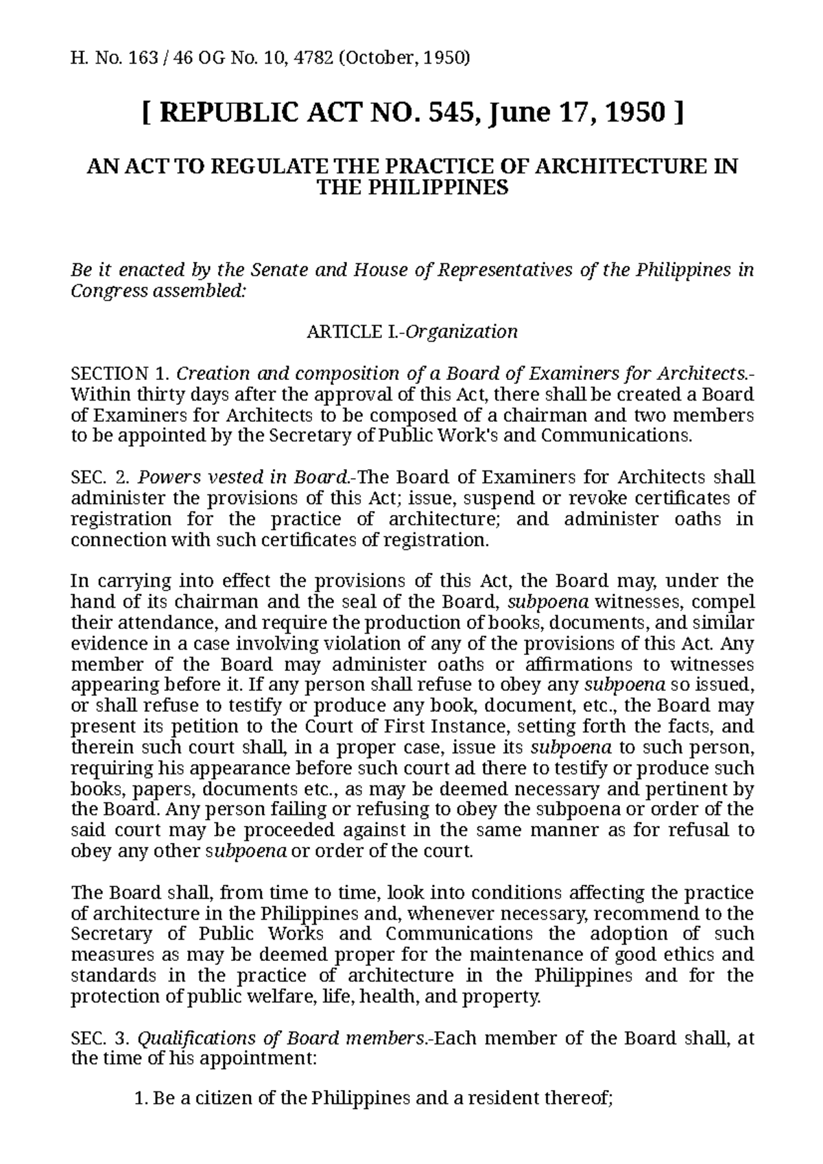 Republic Act No. 545: Regulating Architecture Practice in the ...