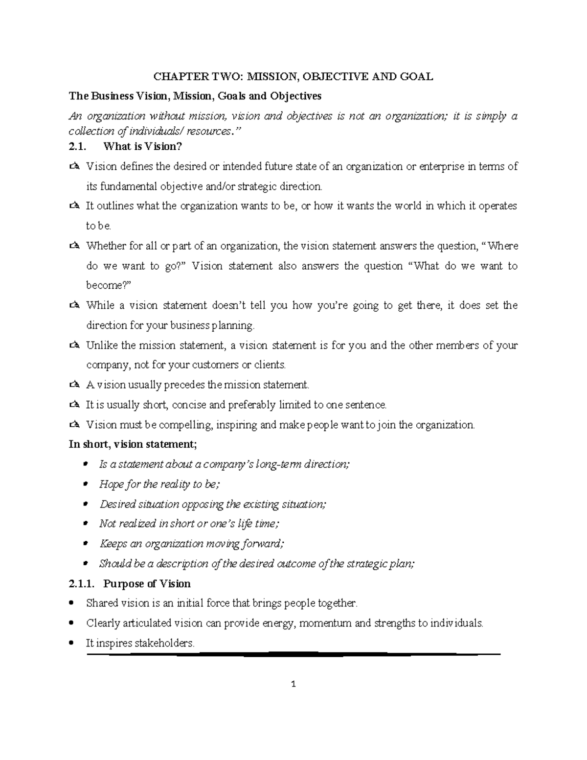 SM Chapter 2: Vision, Mission, Goals, and Objectives Explained - Studocu