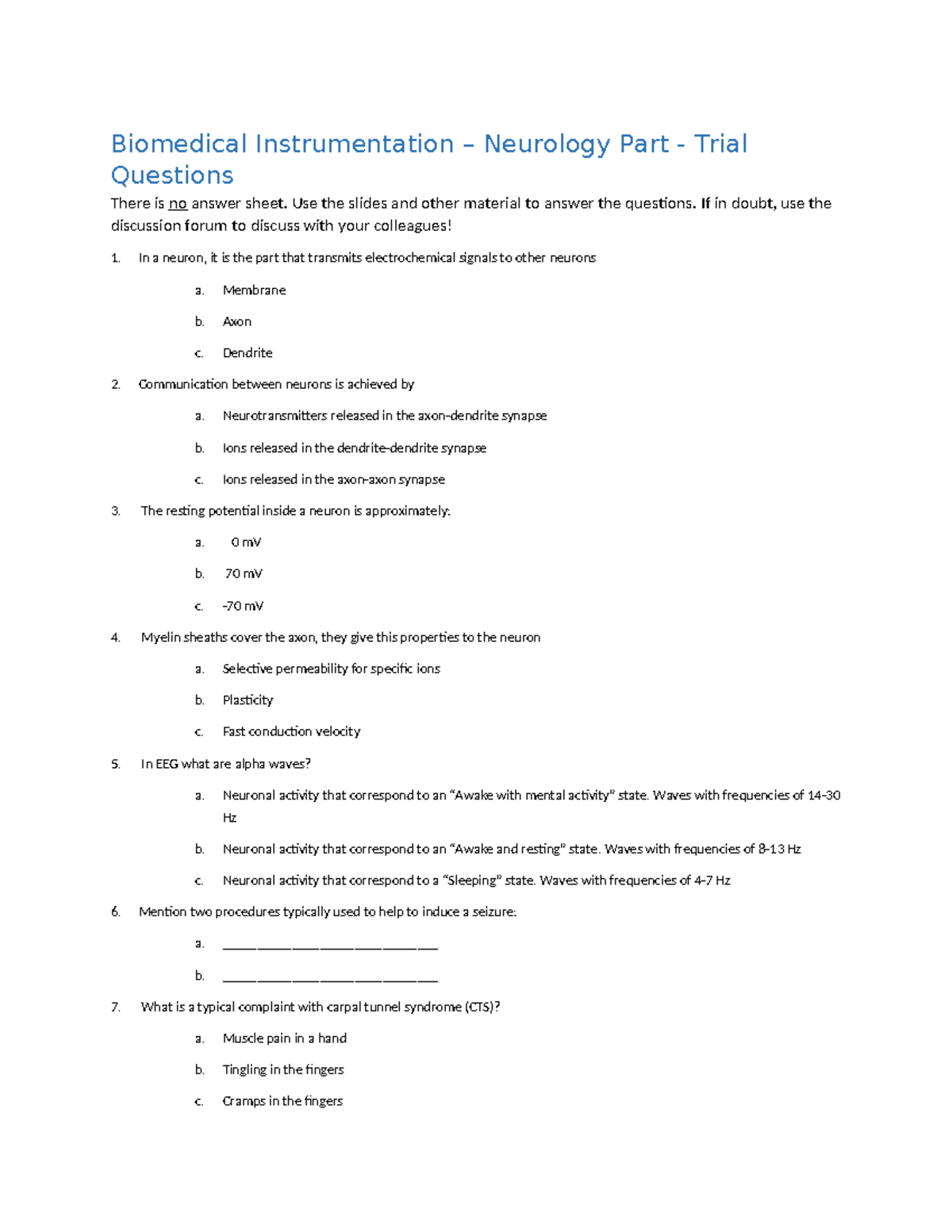 BMI - Neurology Trial Questions for Biomedical Instrumentation ...