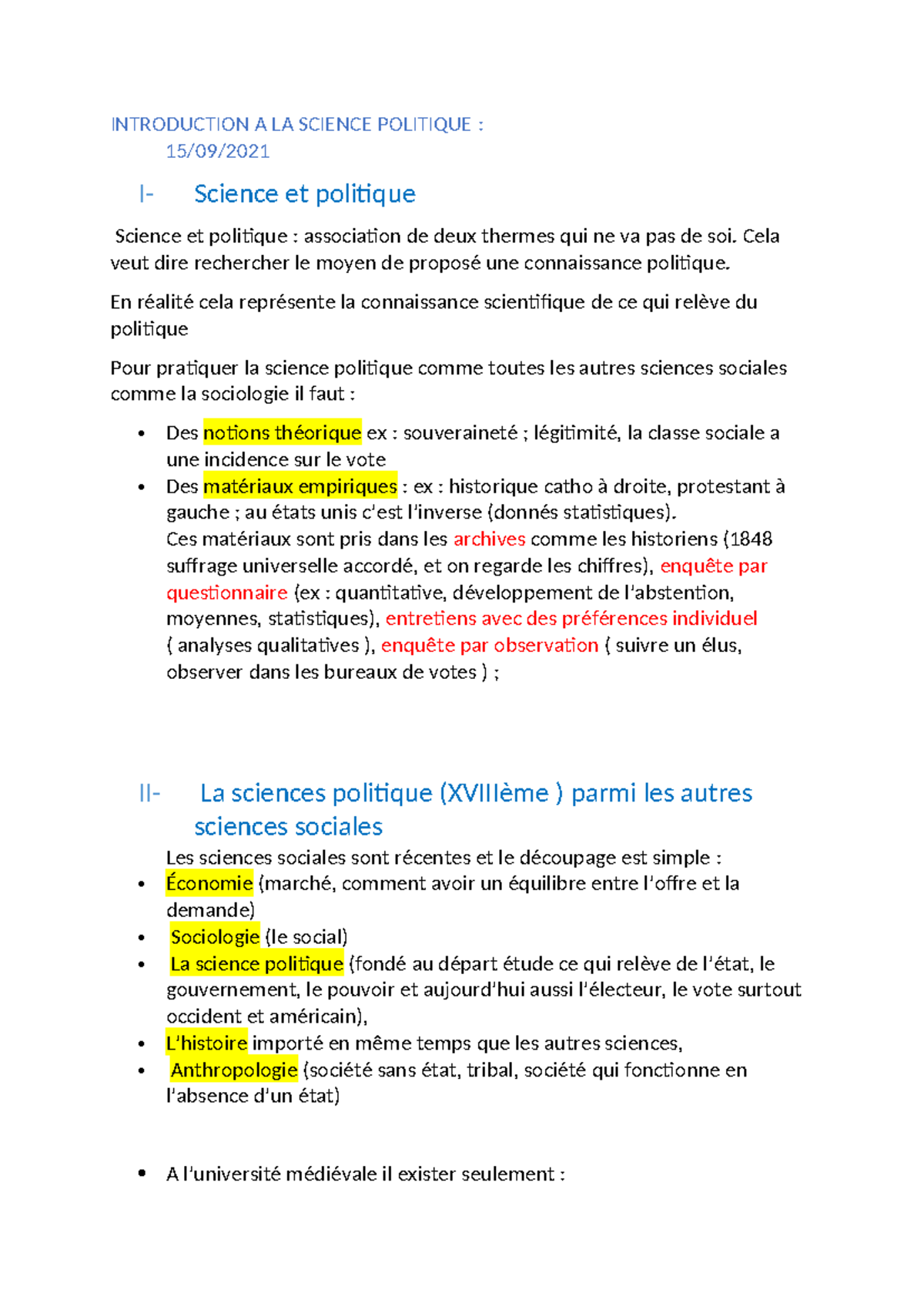 Cours Théa - INTRODUCTION A LA SCIENCE POLITIQUE : 15/09/ I- Science et ...