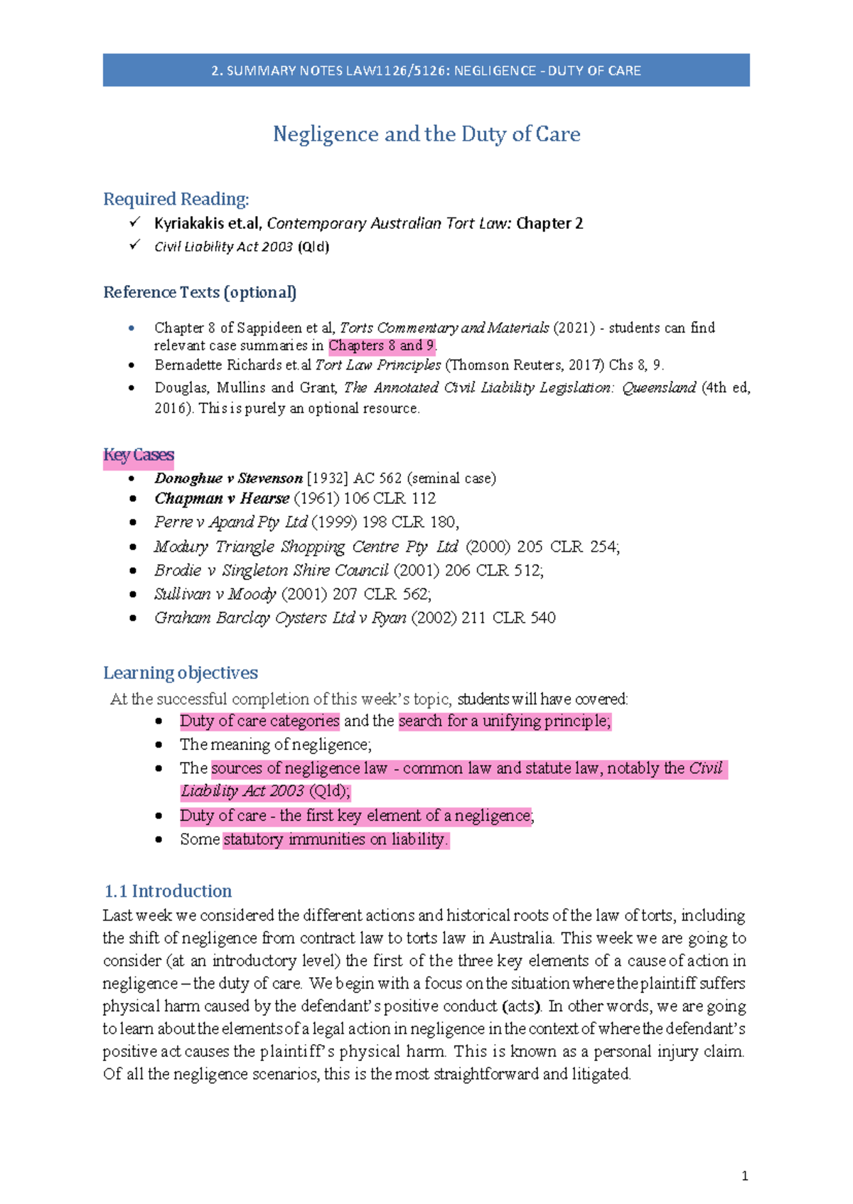 2. Summary Notes Negligence Duty of Care - Negligence and the Duty of ...