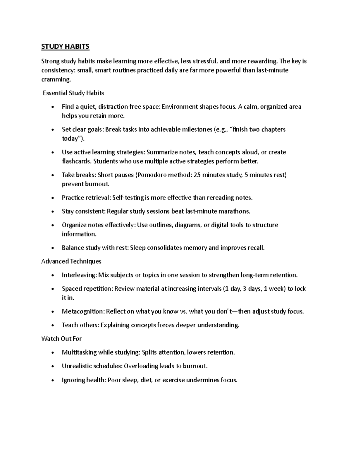 Study Habits for Effective Learning Strategies - Studocu
