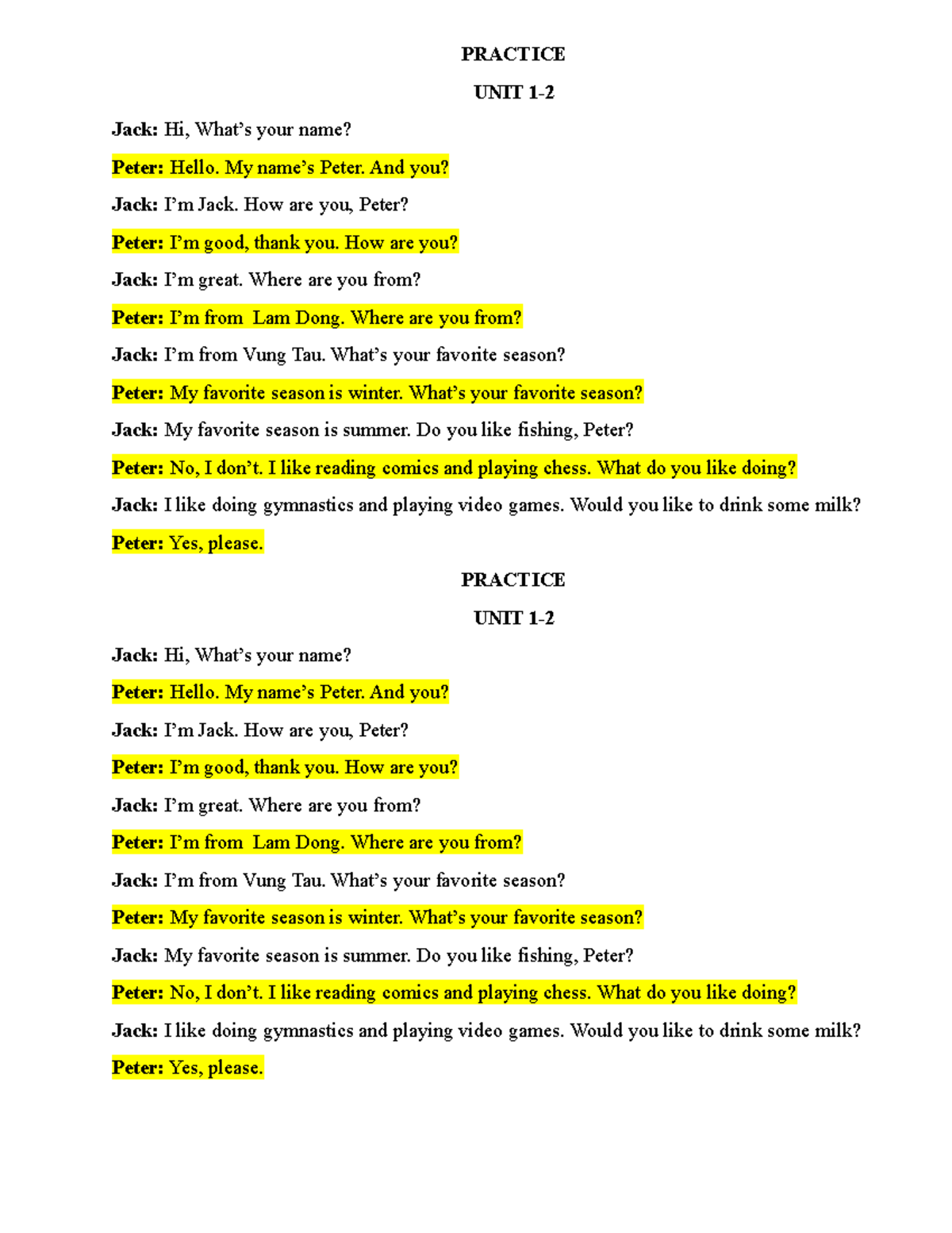 FF 5 SPECIAL EDITION - UNIT 1, 2 - Practice Conversation - PRACTICE ...
