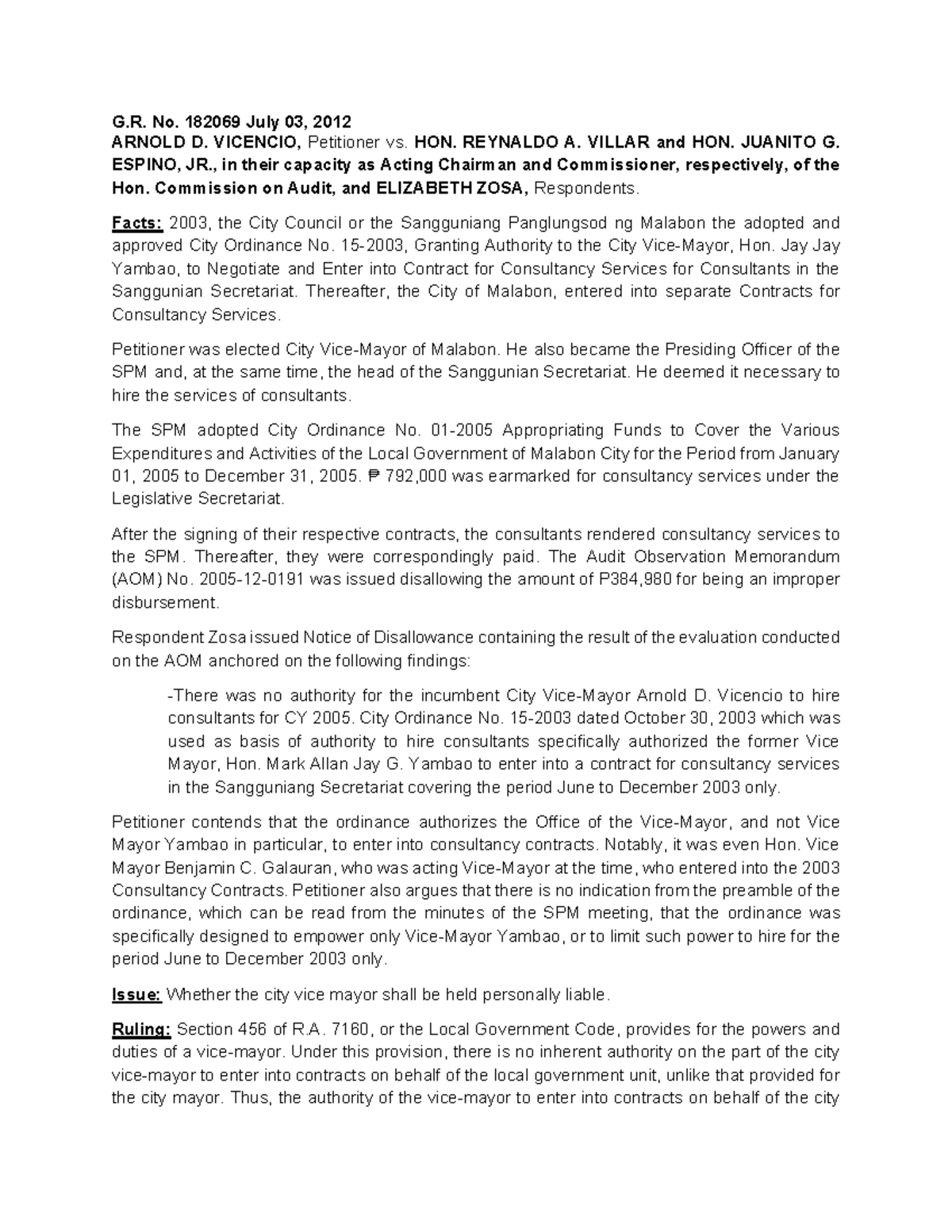 Digest of Arnold Vicencio v. Hon. Reynaldo Villar, G.R. No. 182069 ...