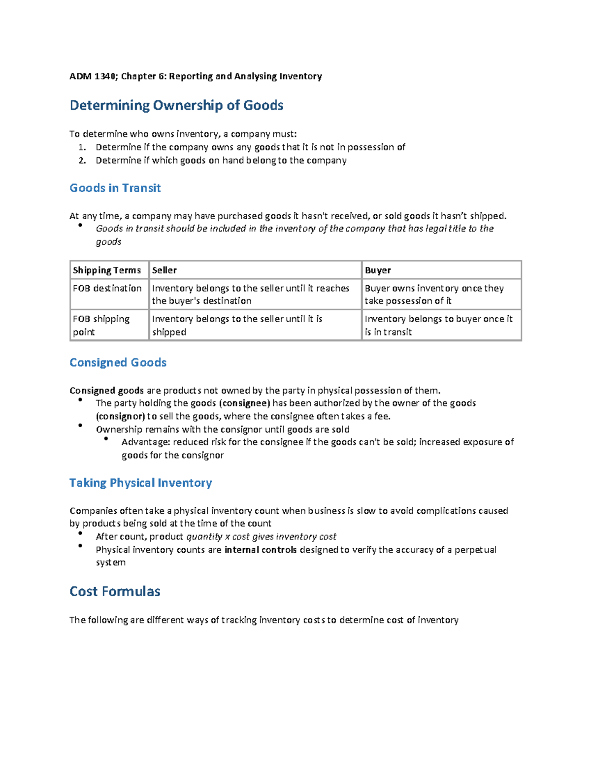 ADM 1340; Chapter 6 - Reporting & Analyzing Inventory Notes - Studocu