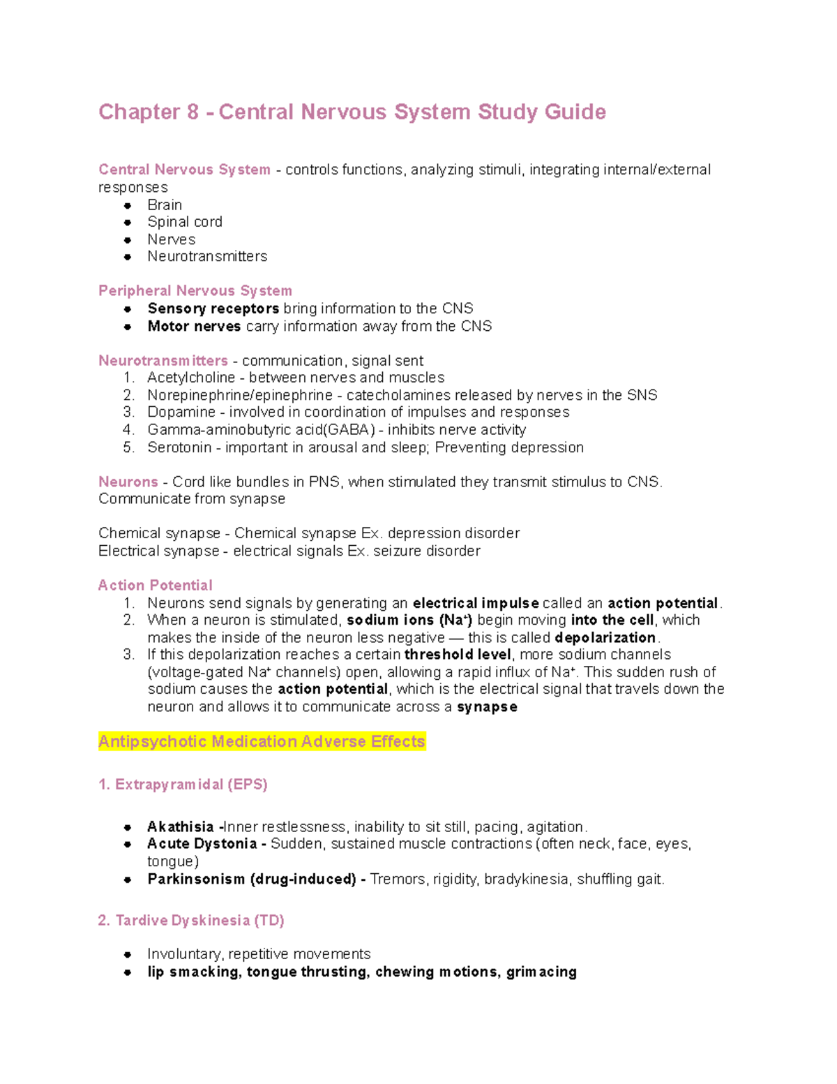 Chapter 8: CNS Disorders & Treatments - Study Guide - Studocu