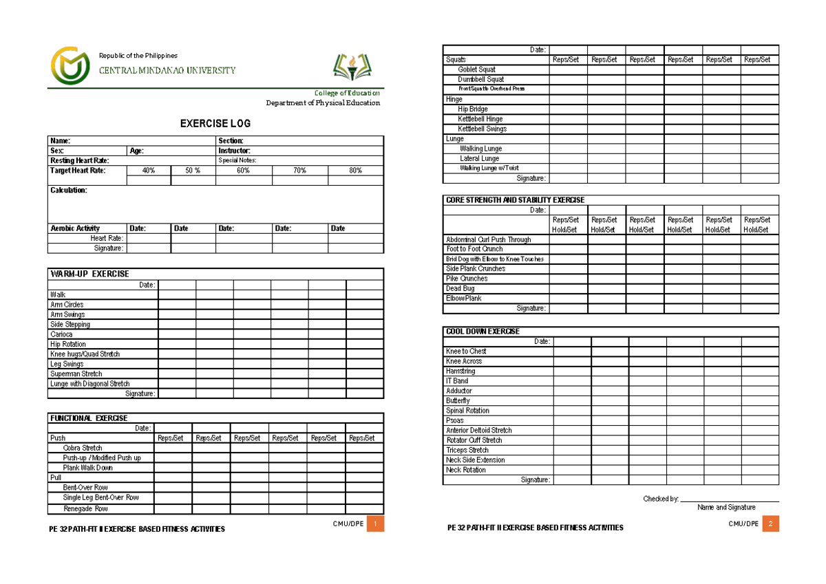 PE32 II Exercise Log: Core Strength & Stability Activities - Studocu