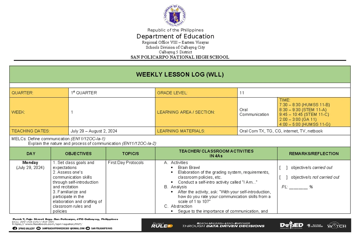 HUMSS GA 11 Oral Communication Lesson Plan for 1st Sem 2024 - Studocu