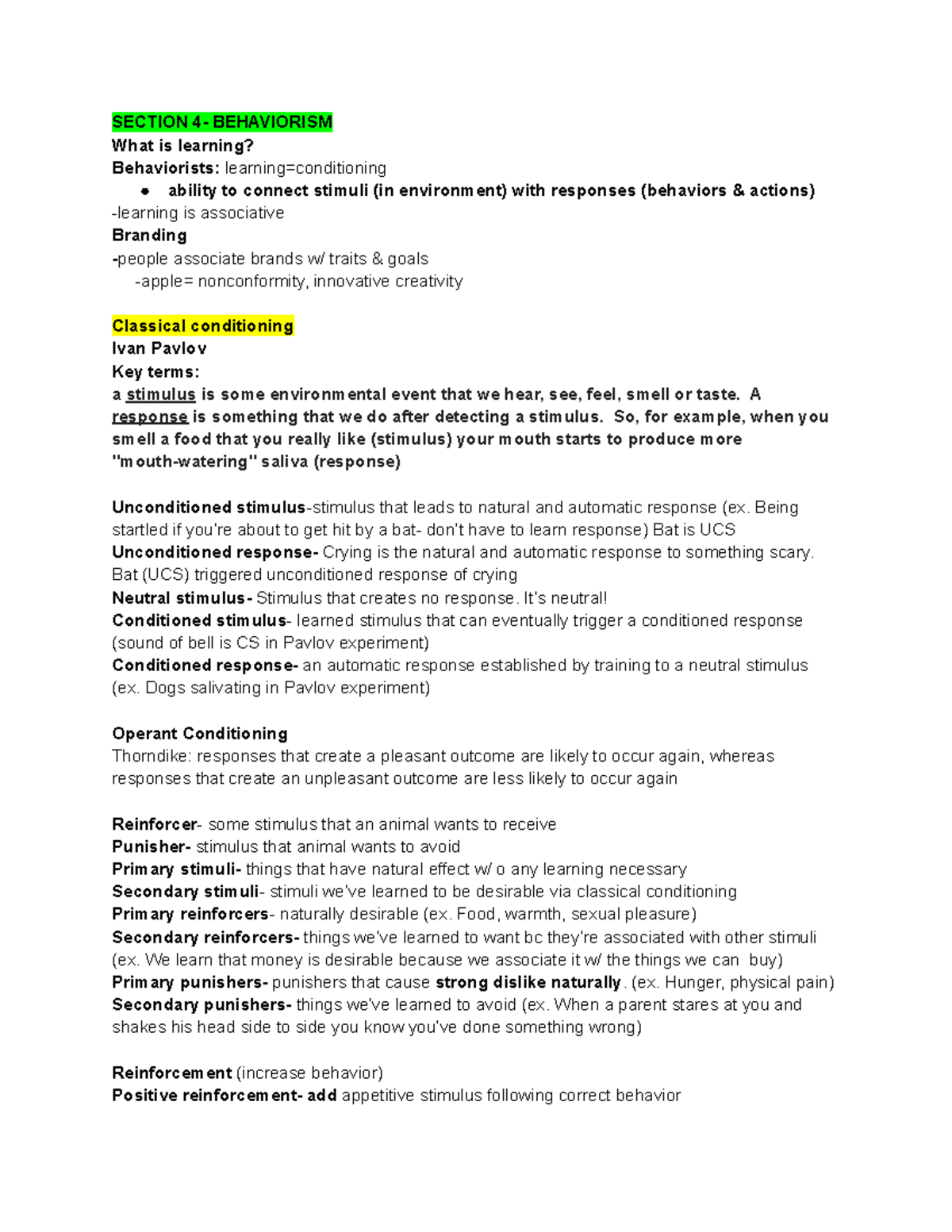 PSYC100 Section 4 Notes - SECTION 4- BEHAVIORISM What is learning ...