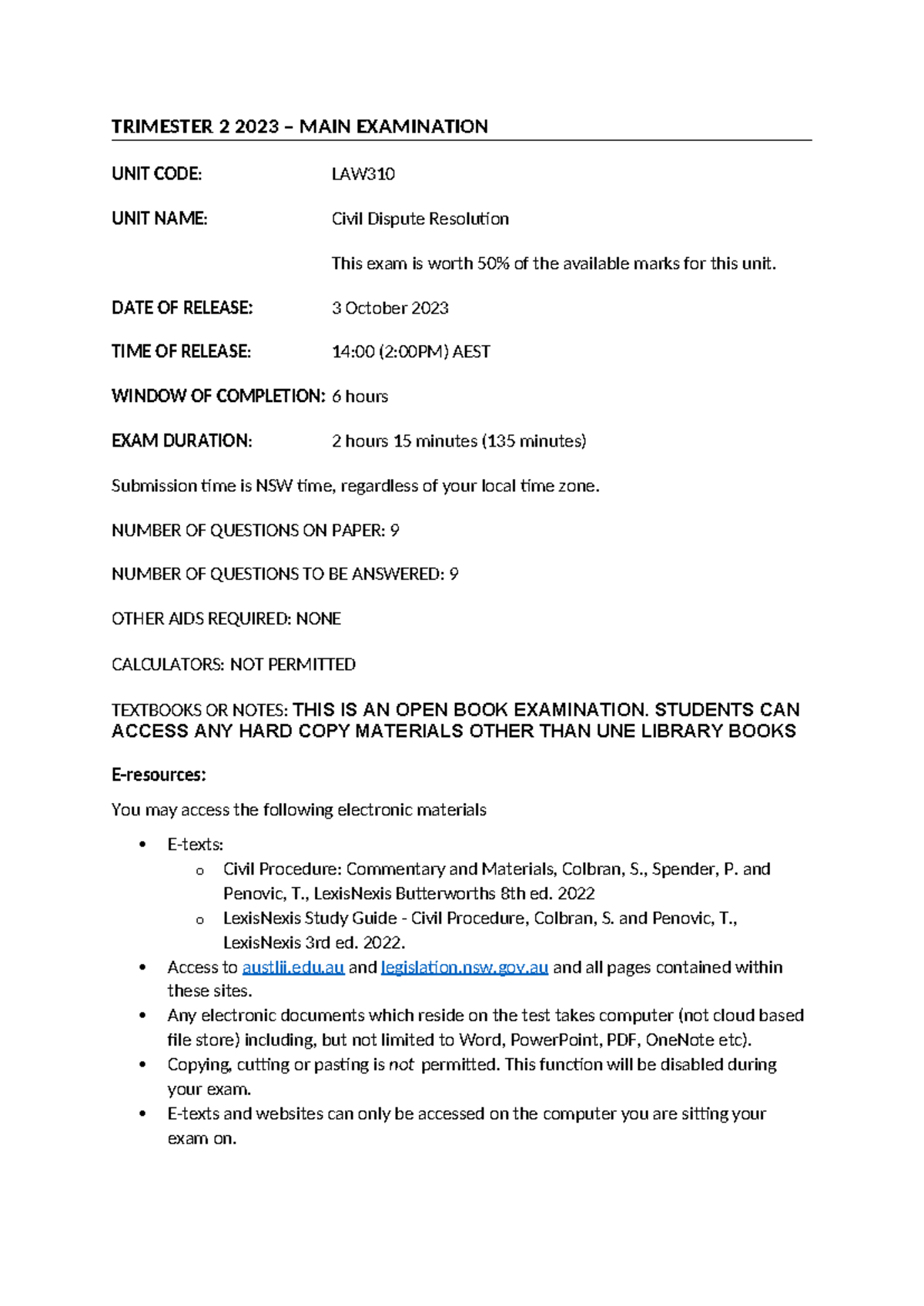 LAW310 Trimester 2 2023 Civil Dispute Resolution Exam Guide - Studocu