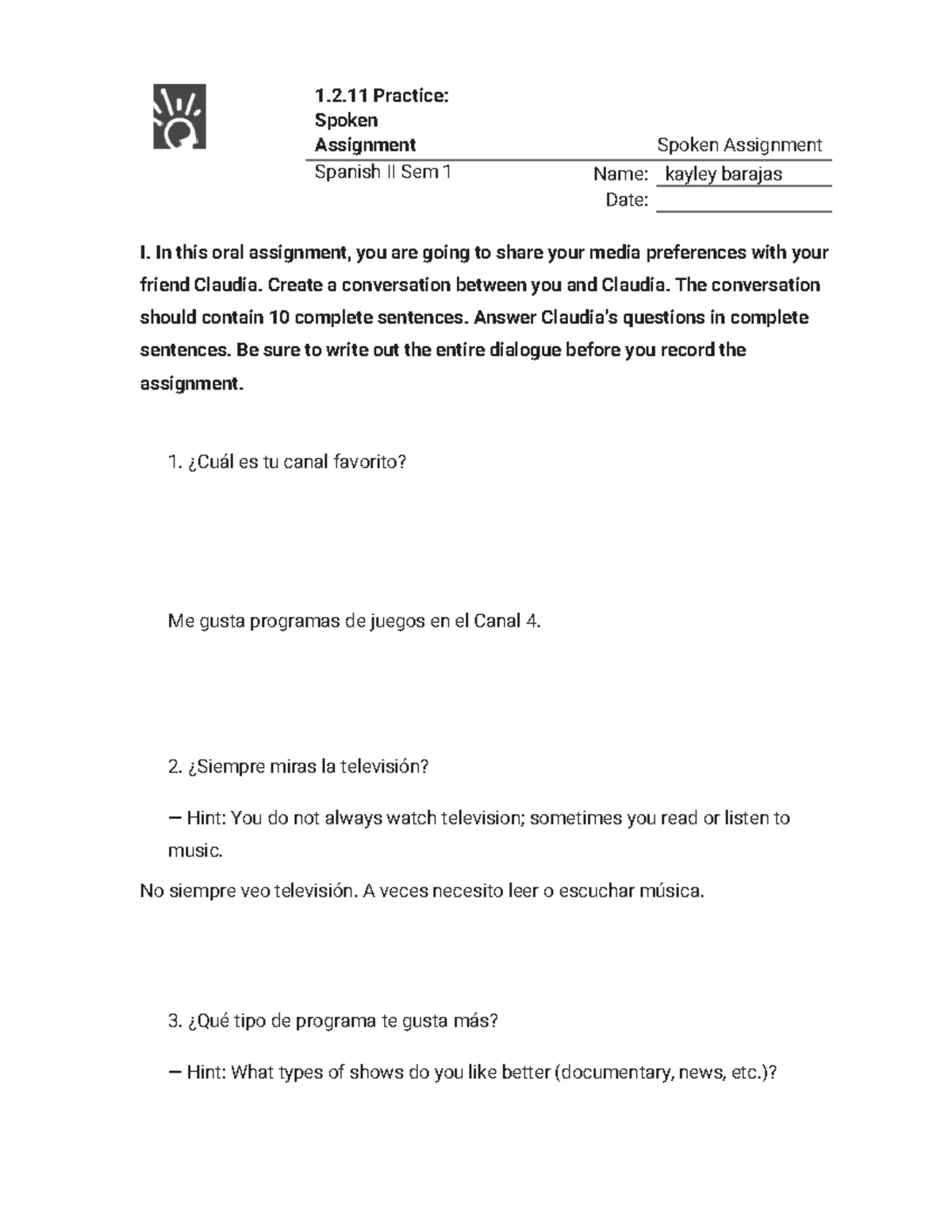 1.1.10 Spanish II Sem 1 - Written Assignment Practice - Studocu