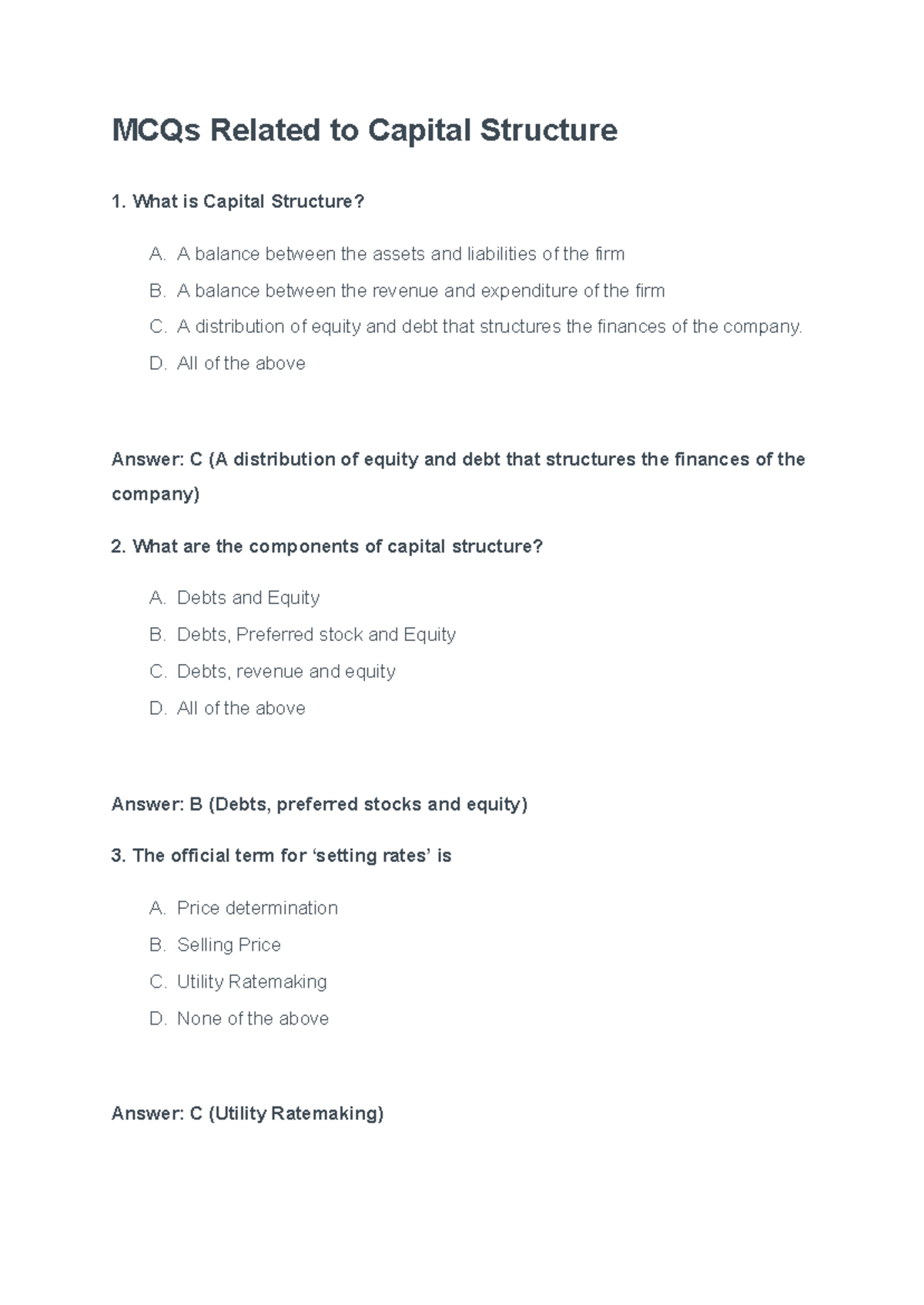 MCQs on Capital Structure Concepts and Theories - Studocu