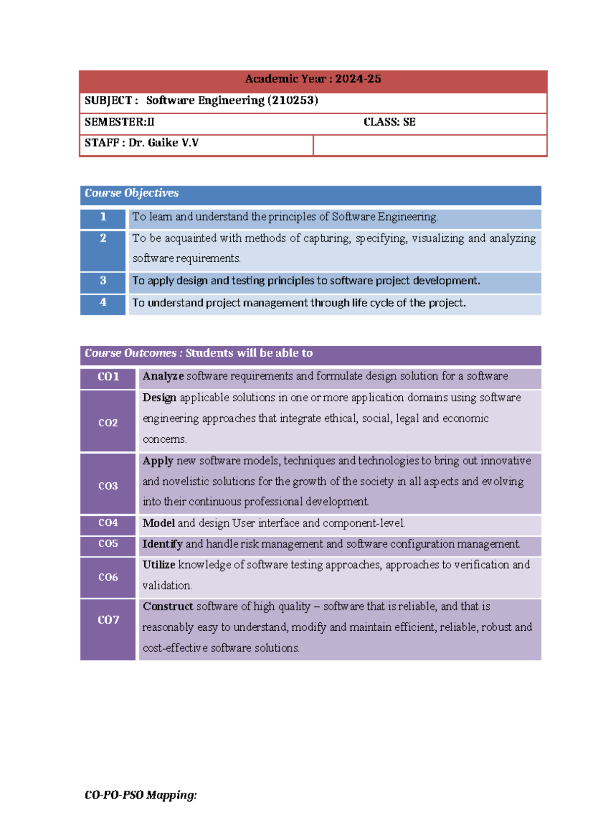 CO-PO-PSO Mapping for Software Engineering (210253) - Semester II - Studocu