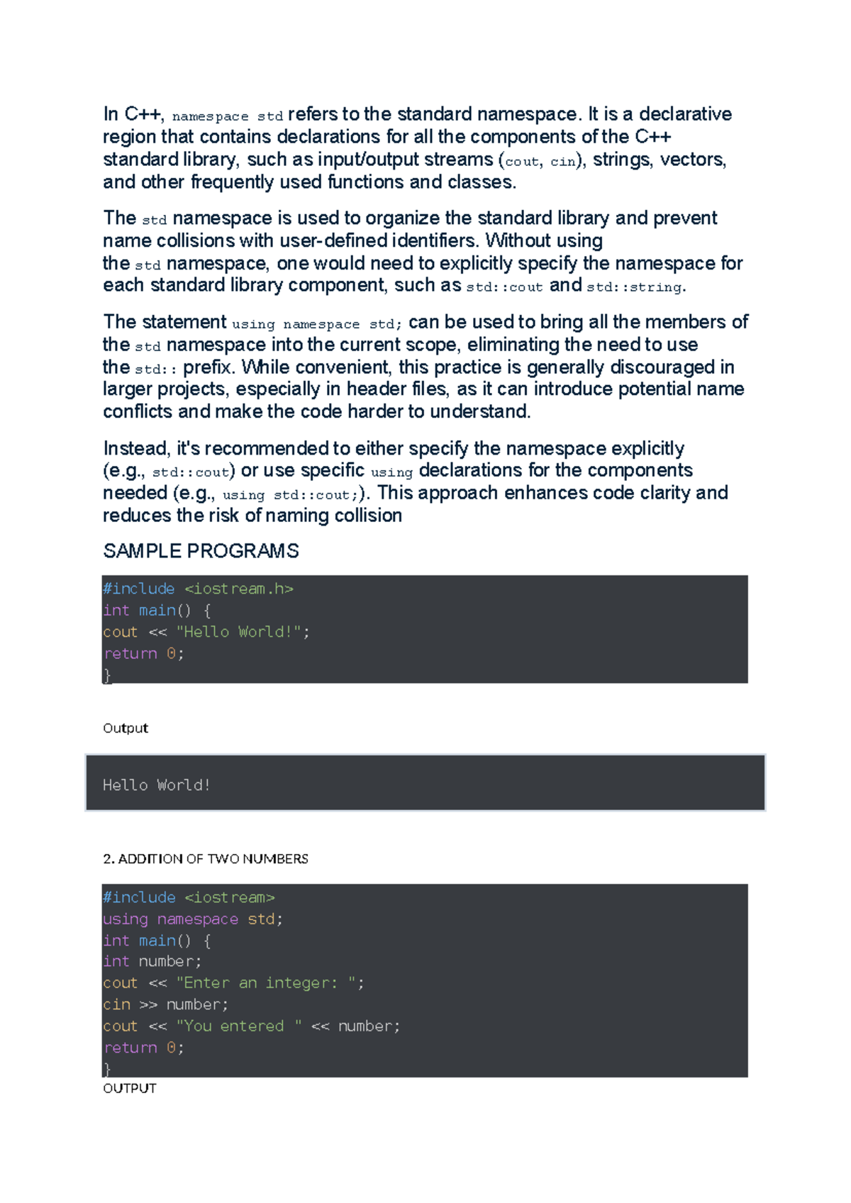 Array Using Stack - C++ Namespace and Sample Programs - Studocu