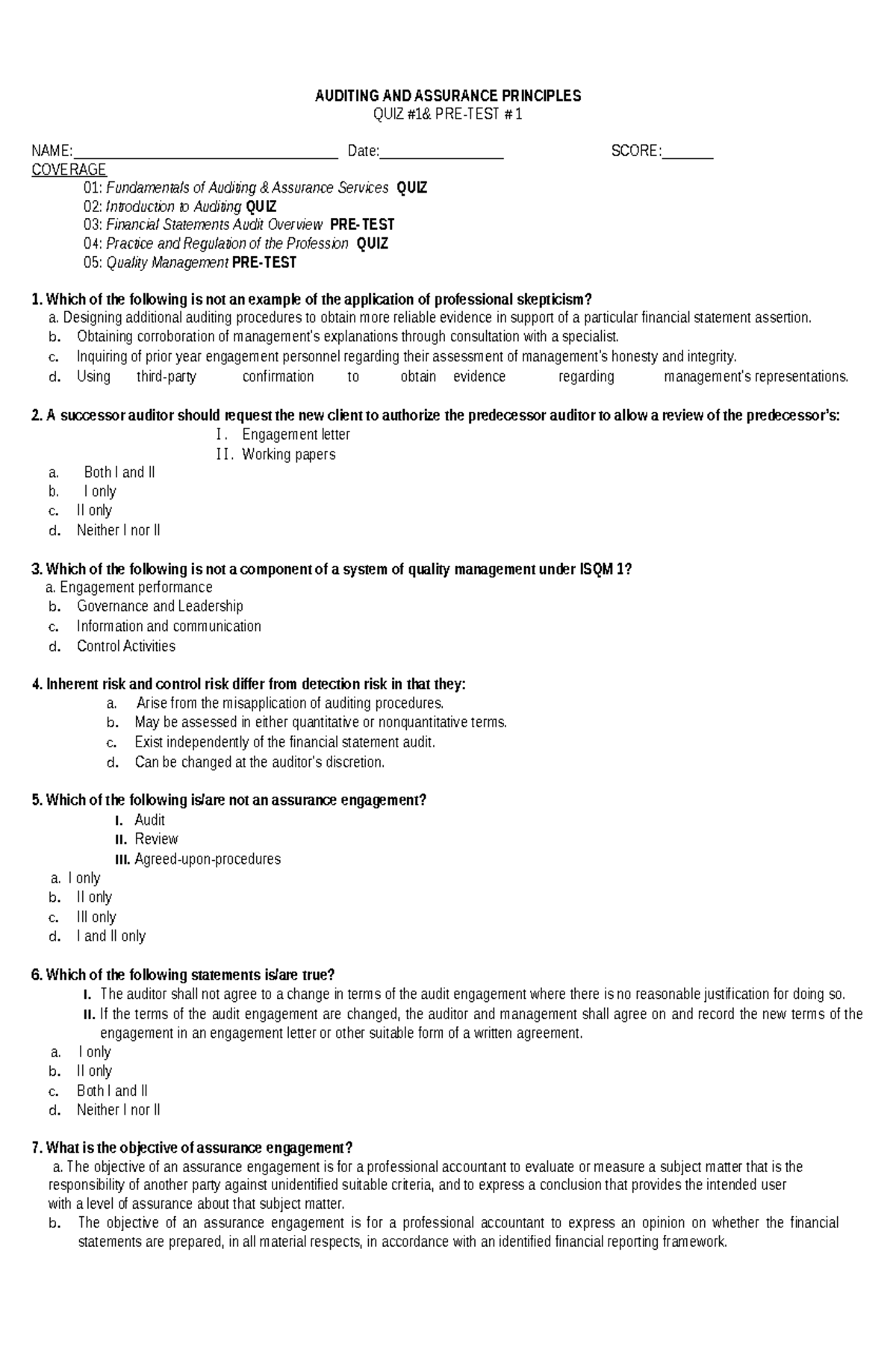 Auditing and Assurance Principles Quiz 1 - Coverage and Questions - Studocu