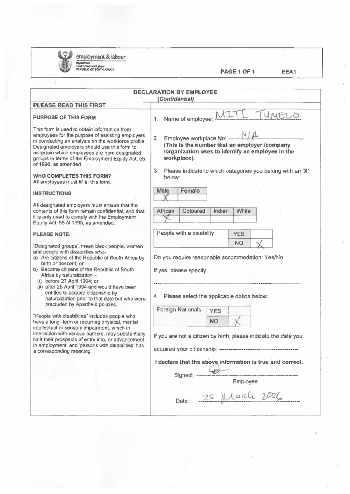 EEA1 Declaration Form for Employment Equity Compliance - Studocu
