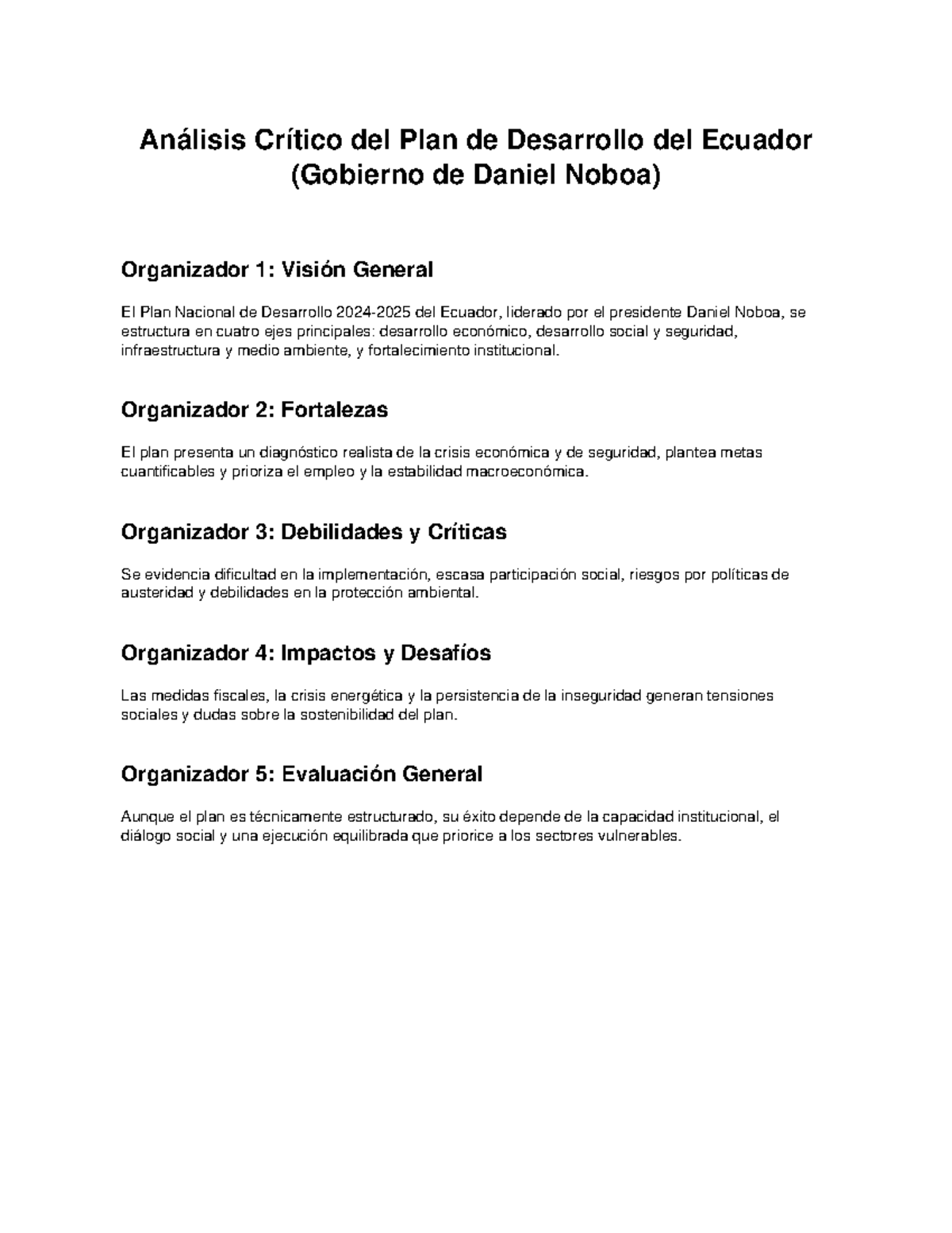 Análisis Crítico del Plan de Desarrollo del Ecuador (Noboa) - Studocu