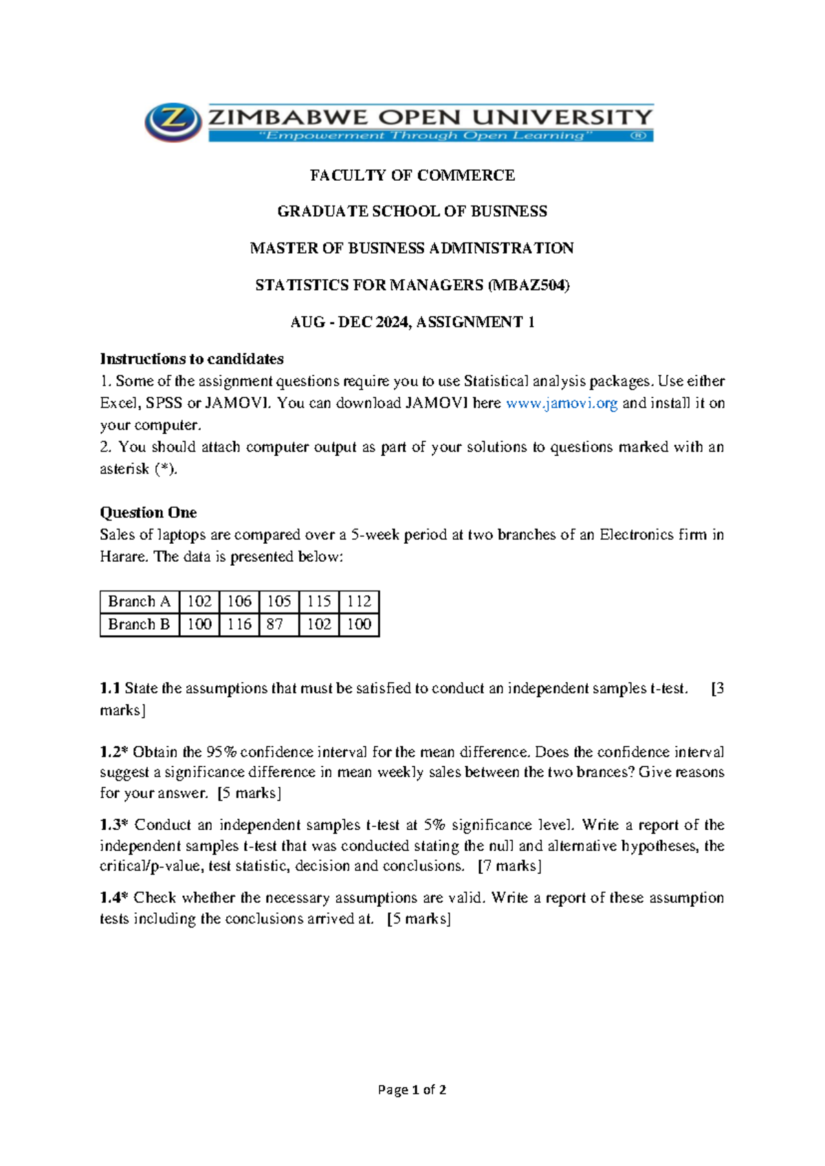 MBAZ504, Assignment 1: Statistical Analysis for Managers (Aug-Dec 2024 ...