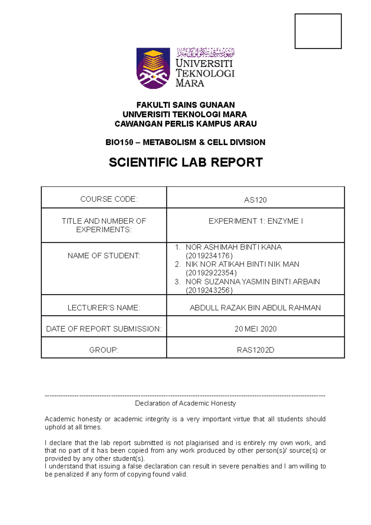 LAB Report BIO150: Enzyme Experiment 1 - Catalase Activity - Studocu