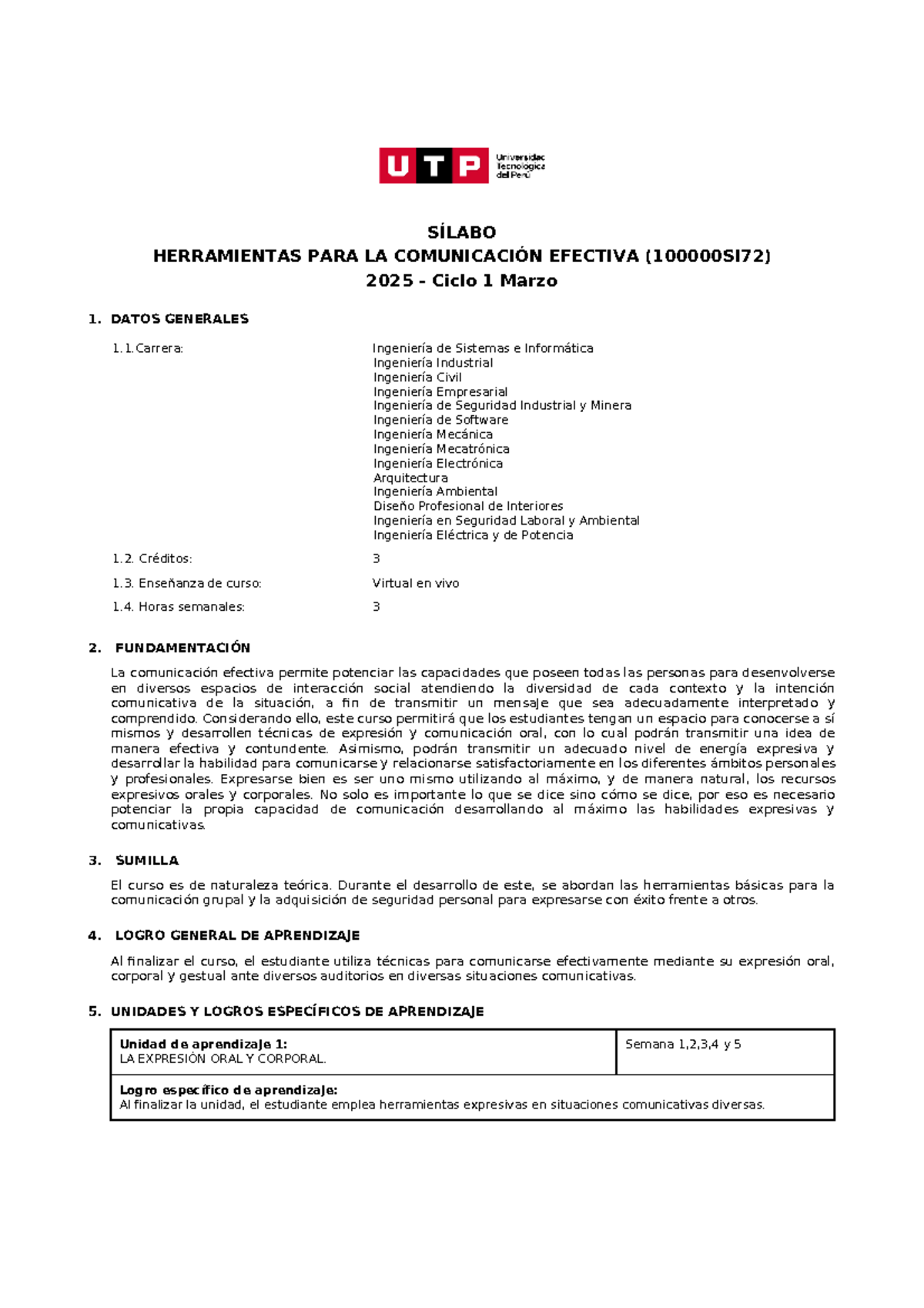 Sílabo de Herramientas para la Comunicación Efectiva - 2025 Ciclo 1 - Document Preview