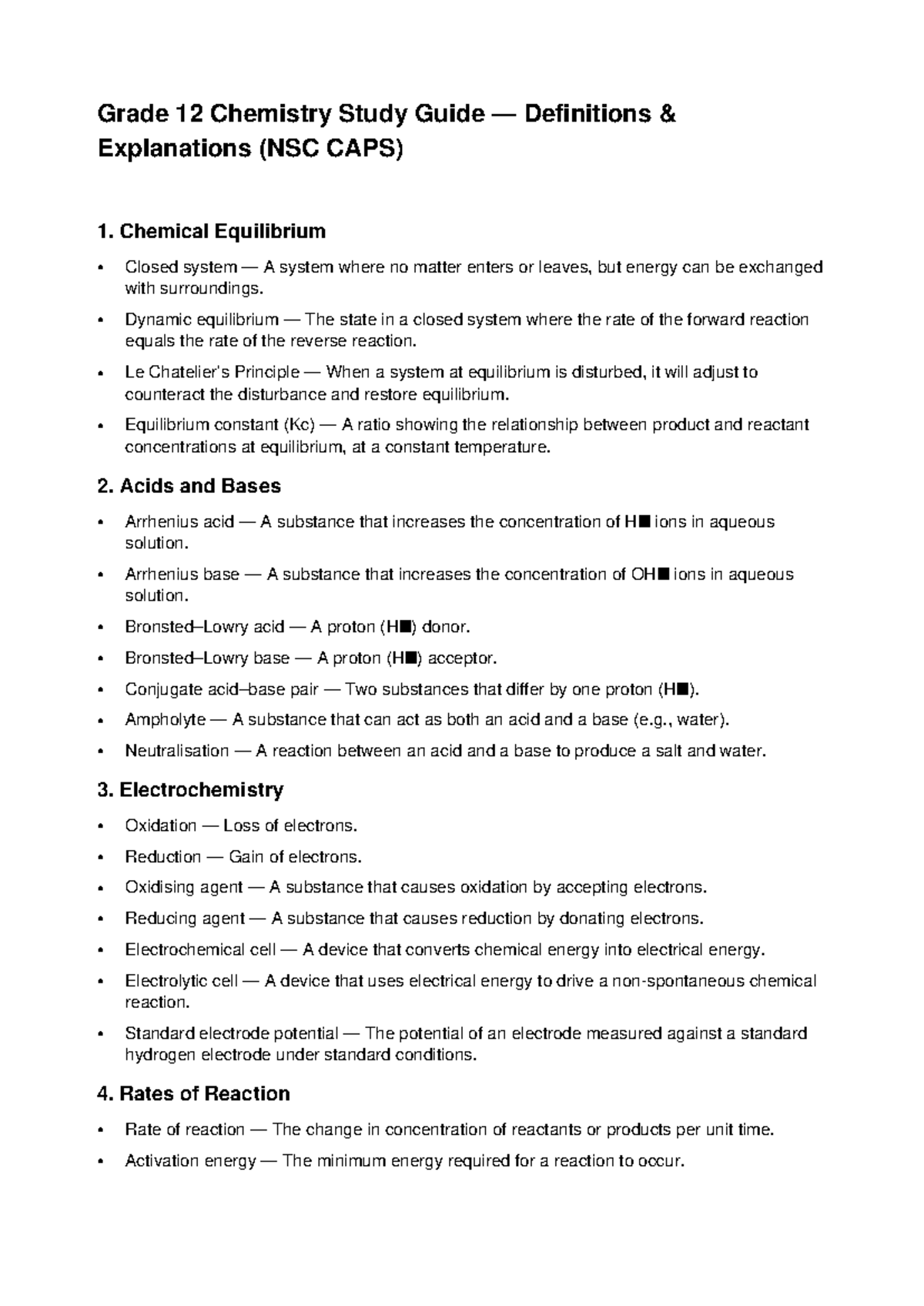 Grade 12 Chemistry Study Guide: Key Definitions & Concepts (NSC CAPS ...