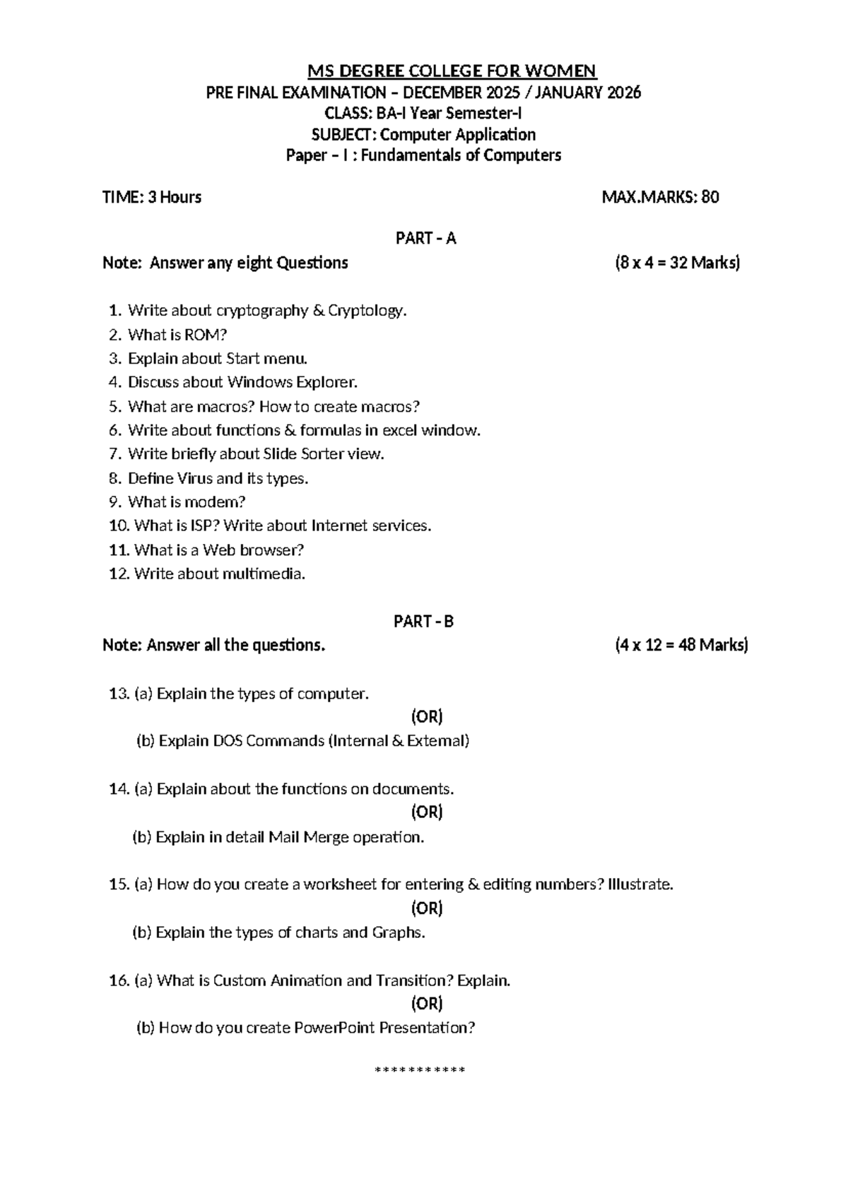 BA-FOC PRE-Final Exam Q.P SEM-1 Jan 2026: Computer Applications - Studocu