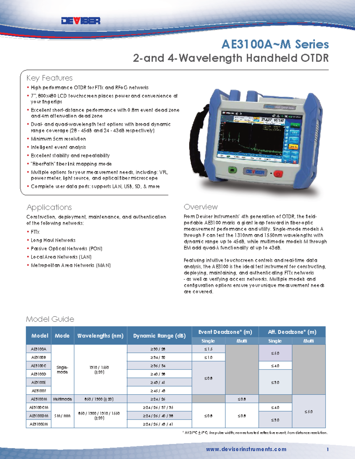 Deviser OTDR AE3100A M Series: Key Features & Specifications - Studocu